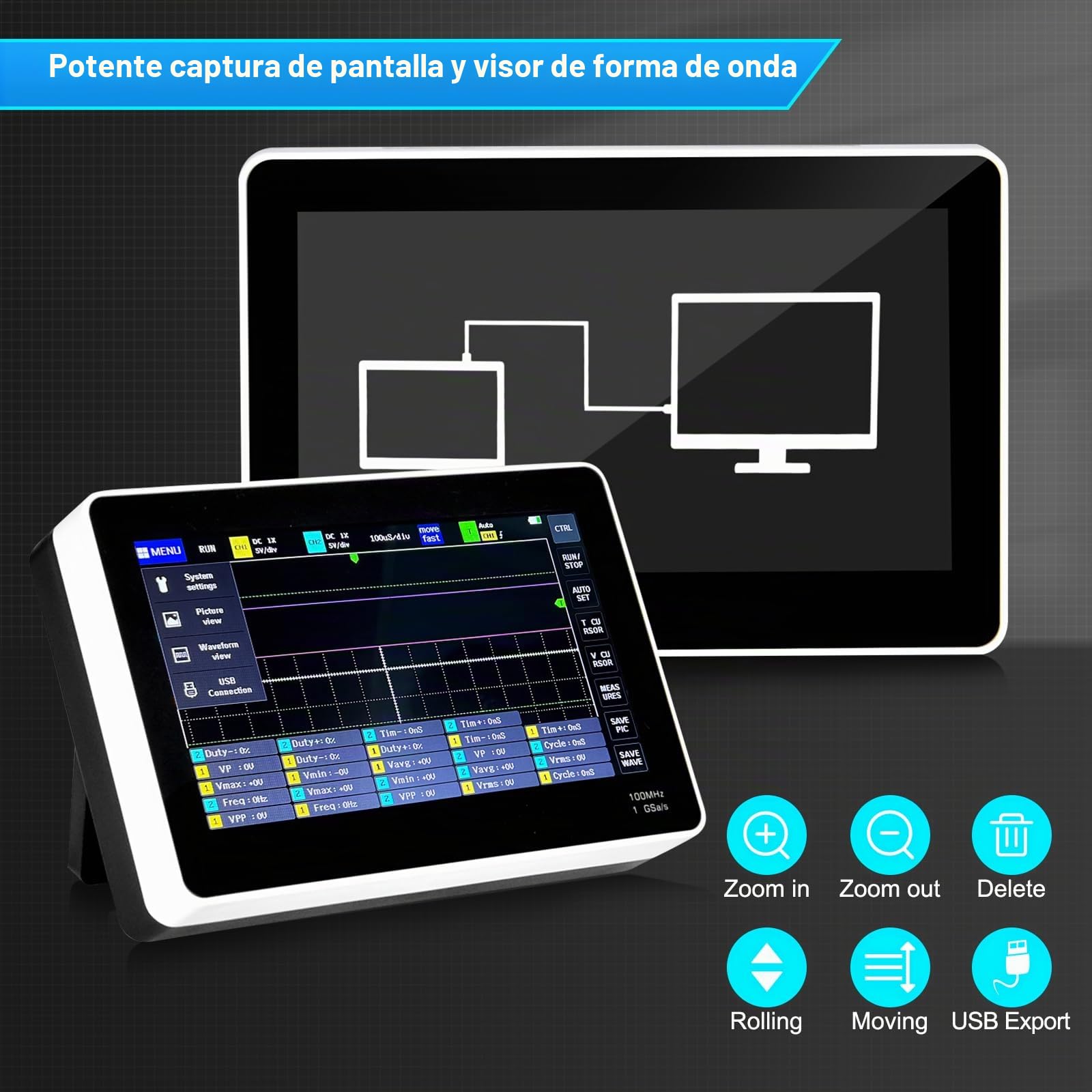 Osciloscopio, multímetro digital, osciloscopio de mano con 2 canales, osciloscopio USB, ancho de banda de 100 MHz, pantalla TFT LCD, frecuencia de muestreo de 1 GSa/s, Cubiertas distribuidas al azar