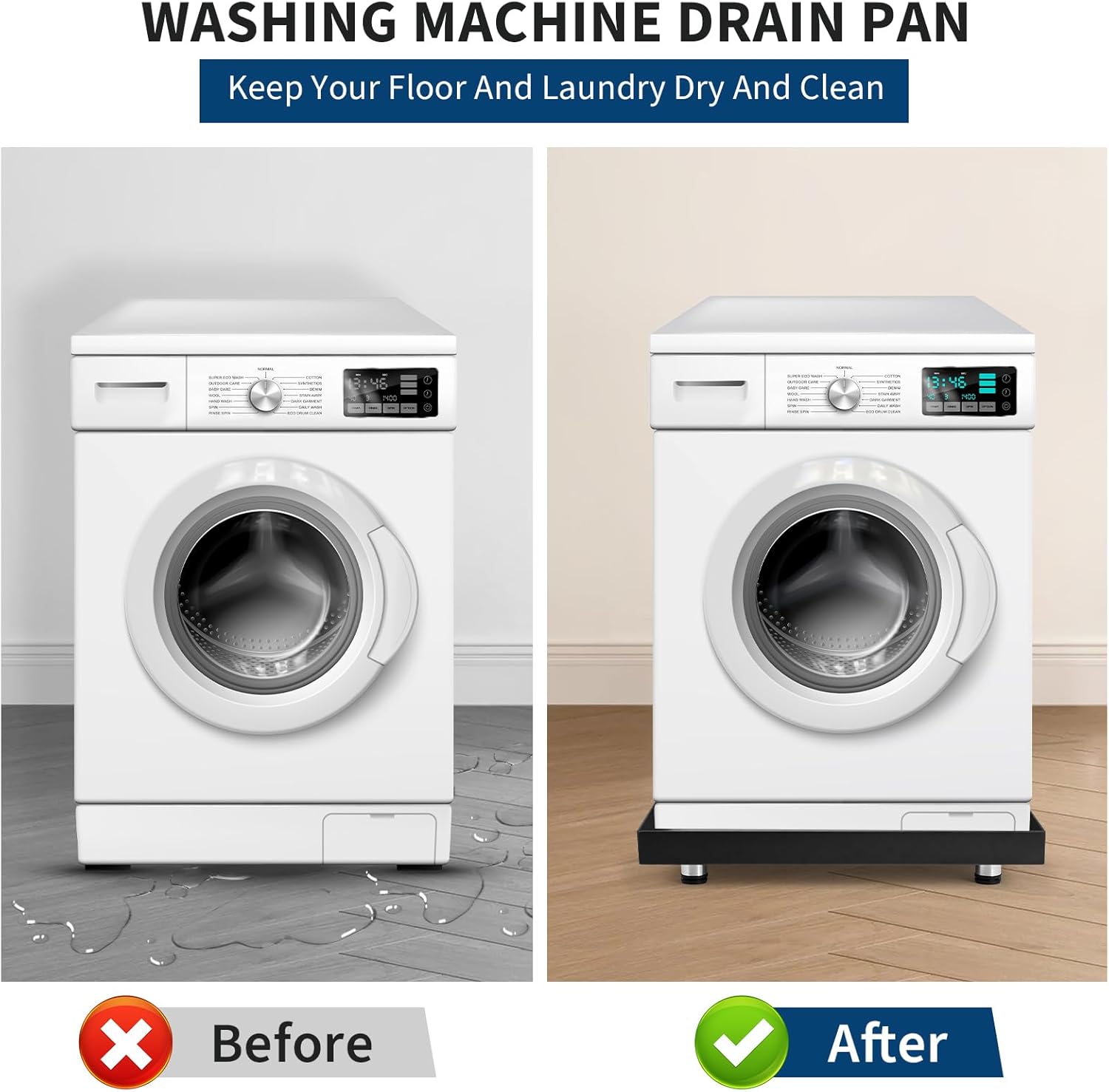 Heavy-Duty Carbon Steel Washing Machine Drain Pan – 28x30 Inch, Leakproof Rust-Free Floor Tray, No Drain Hole, 4 Stainless Steel Adjustable Anti-Vibration Feet, Black