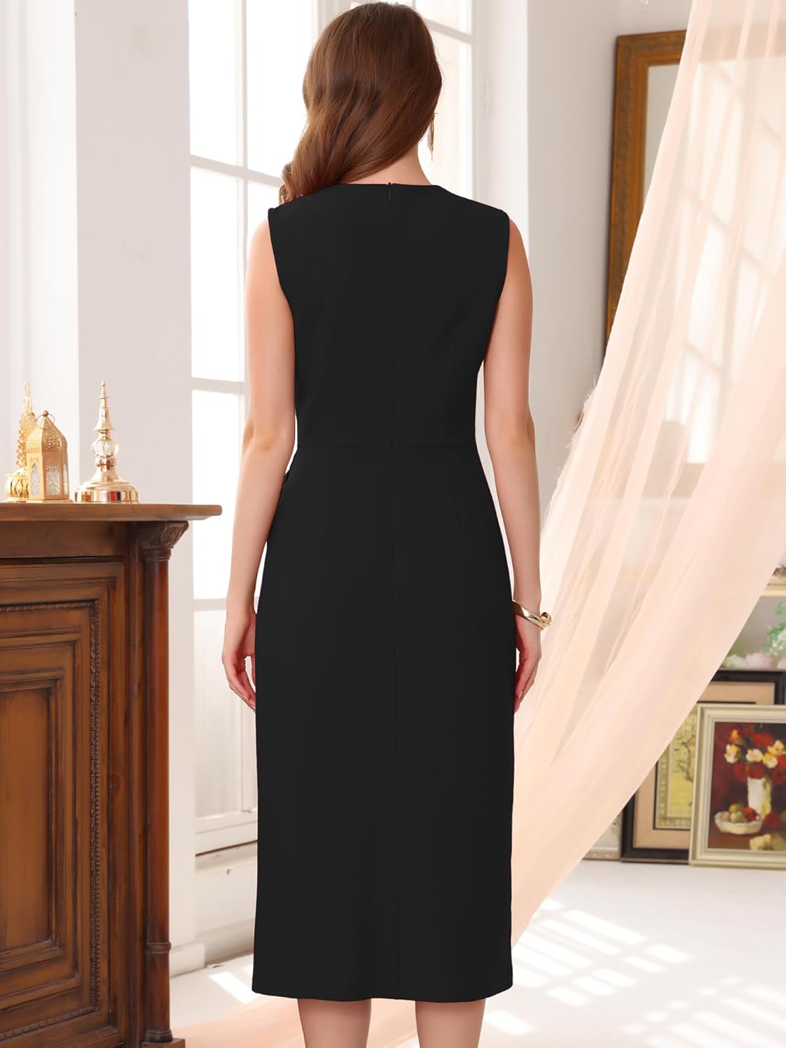 Women's Business Cocktail Dress 2025 Front Tie Wrap Formal Elegant Sleeveless Sheath Dresses - Image 4