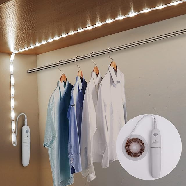 EXTRASTAR 1.7W Motion Sensor Wardrobe Light, LED Light Strip Battery Powered, 6500K Cool White for Closet, Cabinet, Cupboard, Stairs, Bed Wake Up Night Lights(1M, Cool White)