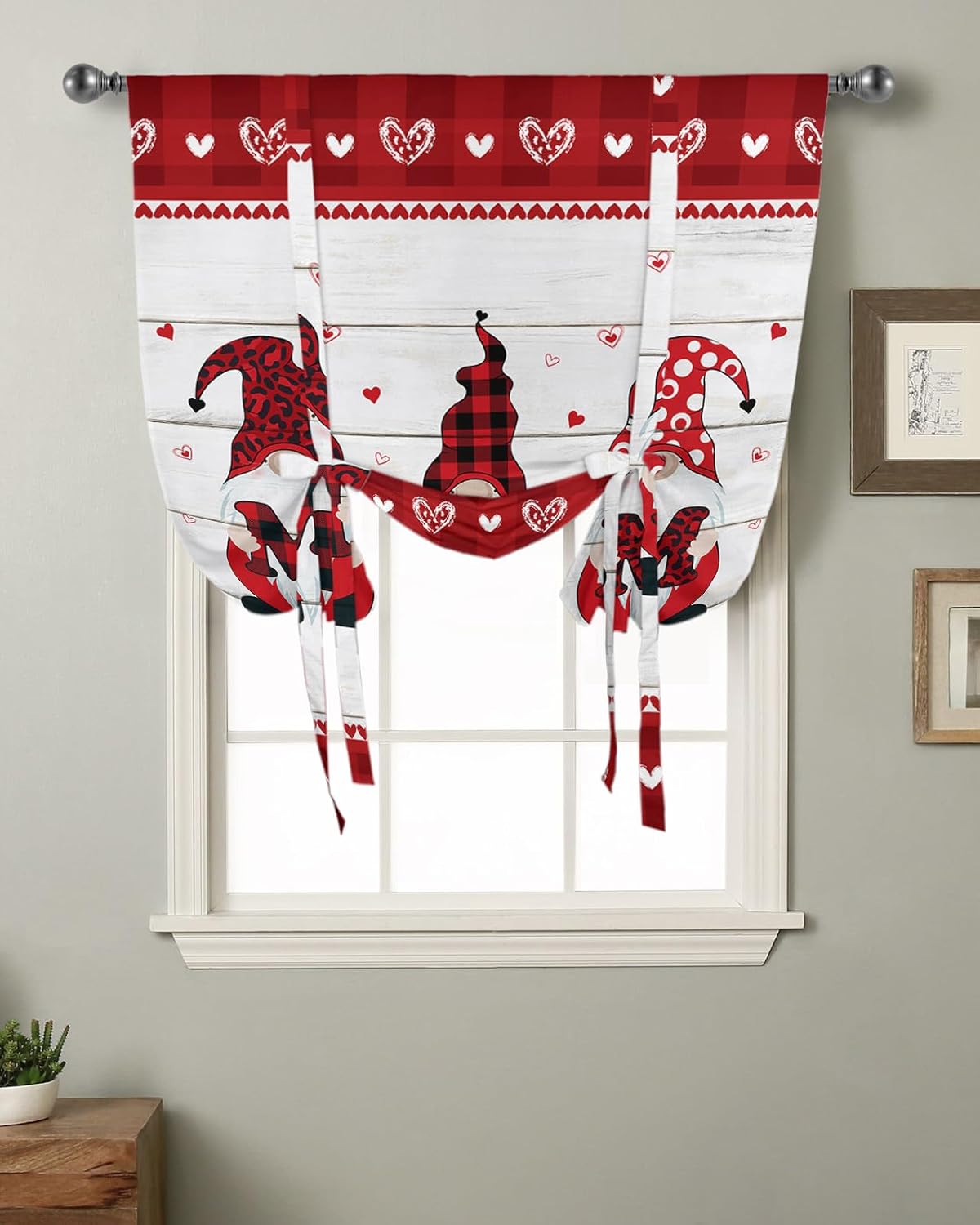 Mother's Day Tie Up Window Shade Curtain Gnome MOM Letter Grey Wood Plank Kitchen Adjustable Balloon Curtains Shades Drape 52x63In for Living Room/Bedroom/Cafe Windows Love Plaid