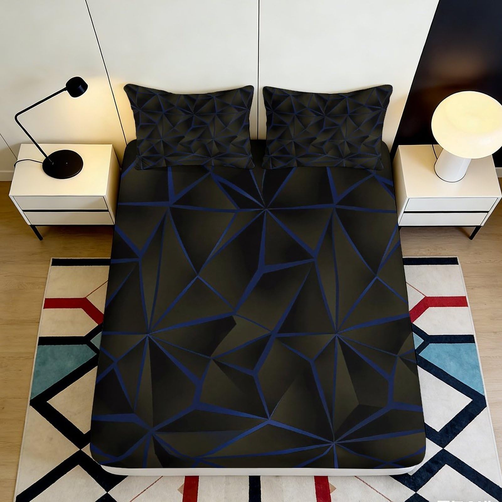 3D Printed Geometric Black Blue Fitted Sheet Microfiber Soft Modern Triangle Mattress Cover for Bedroom Guest Room Decor 90x200x25cm