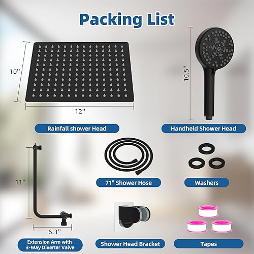 Miniatura 6 de Cabezal de ducha de metal de 12 pulgadas, cabezal de ducha de alta presión, cabezal de ducha de mano con brazo de extensión de ducha ajustable de 11