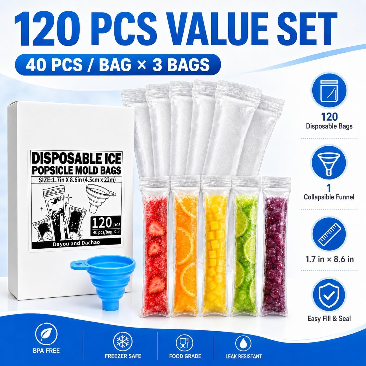 120 Pack Disposable Ice Pop Bags(1.7x8.6").BPA Free Freezer Tubes image 4