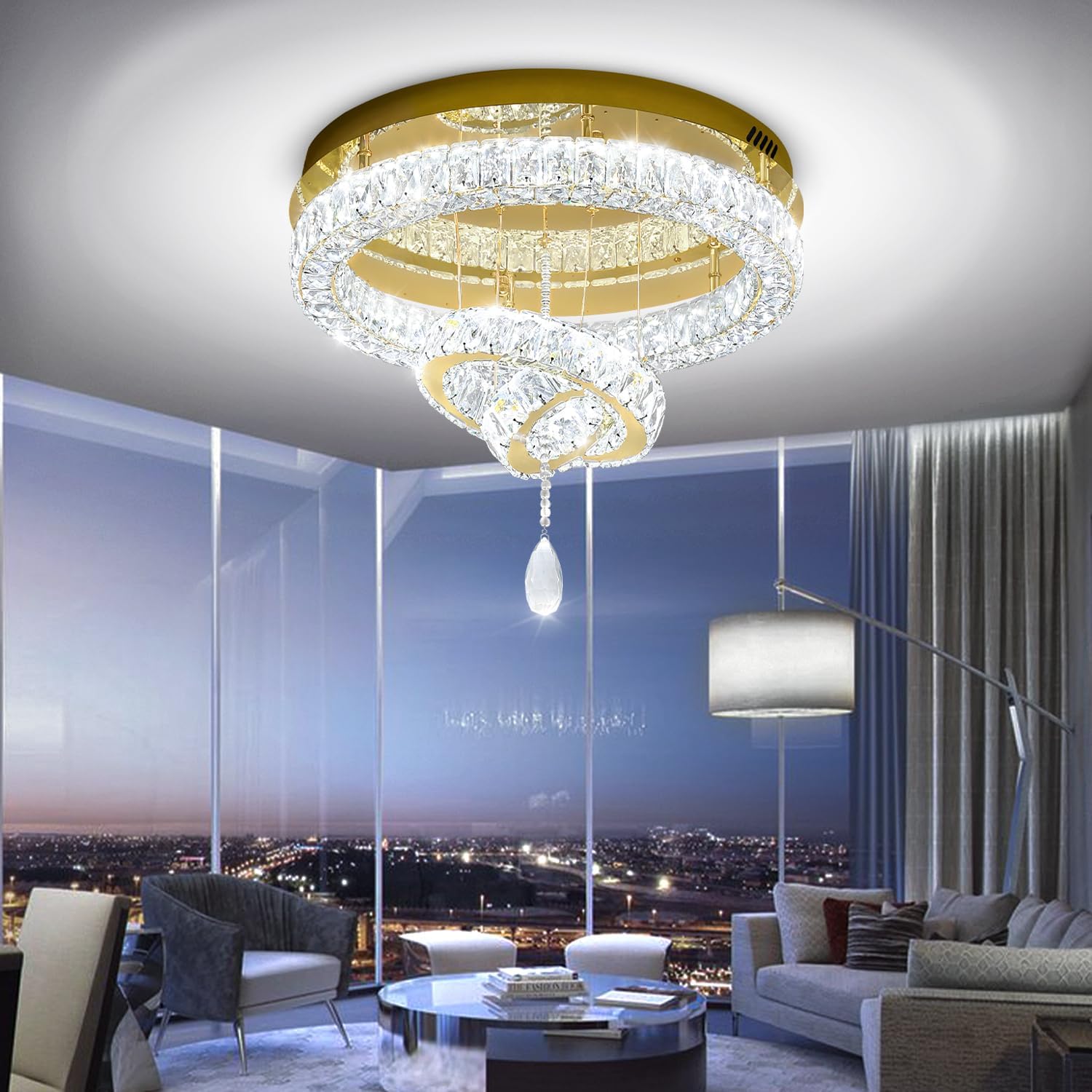 Flashing God Dia 20" Modern Crystal Chandelier for Dining Room Gold Ceiling Chandelier Flush Mount Ceiling Light for Living Room Bedroom Hallway