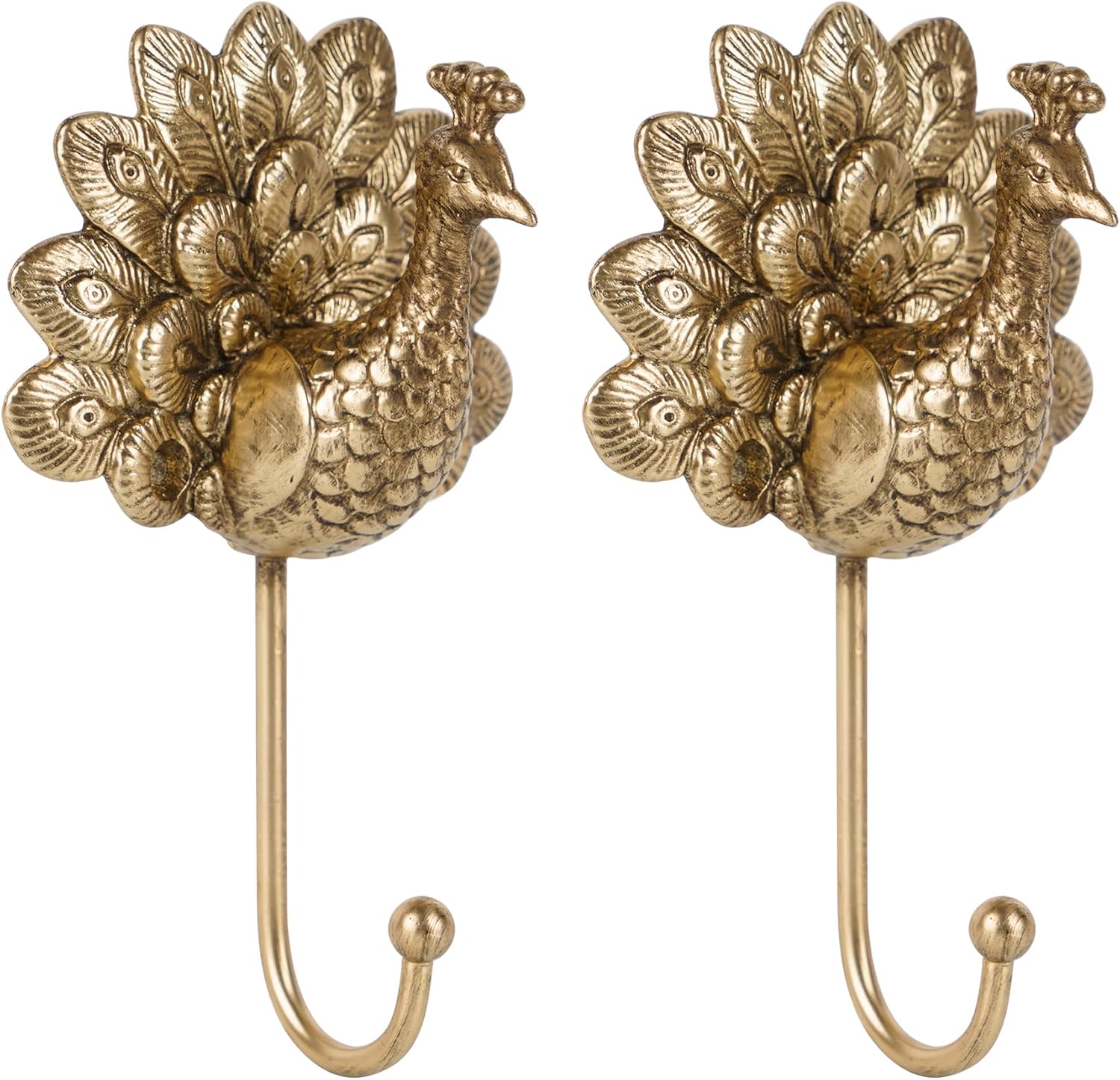 SOFFEE DESIGN 2PCS Peacock Wall Hooks, Vintage Gold Metal Hangers with Realistic 3D Feathers, Heavy Duty Coat Hook for Farmhouse Hallway or Closet