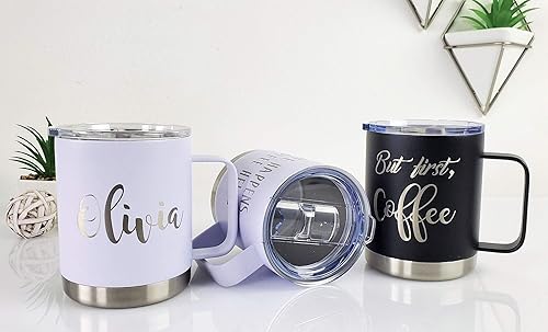 Miniatura 5 de Personalized Insulated Coffee Mug with Lid - 12 oz -Customize with Name or Text - Custom Travel Cup