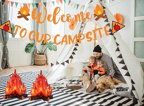 Miniatura 2 de Suministros de decoración para fiestas temáticas de campamento, pancarta con purpurina para nuestro campamento con fogata 3D, decoración de fiesta