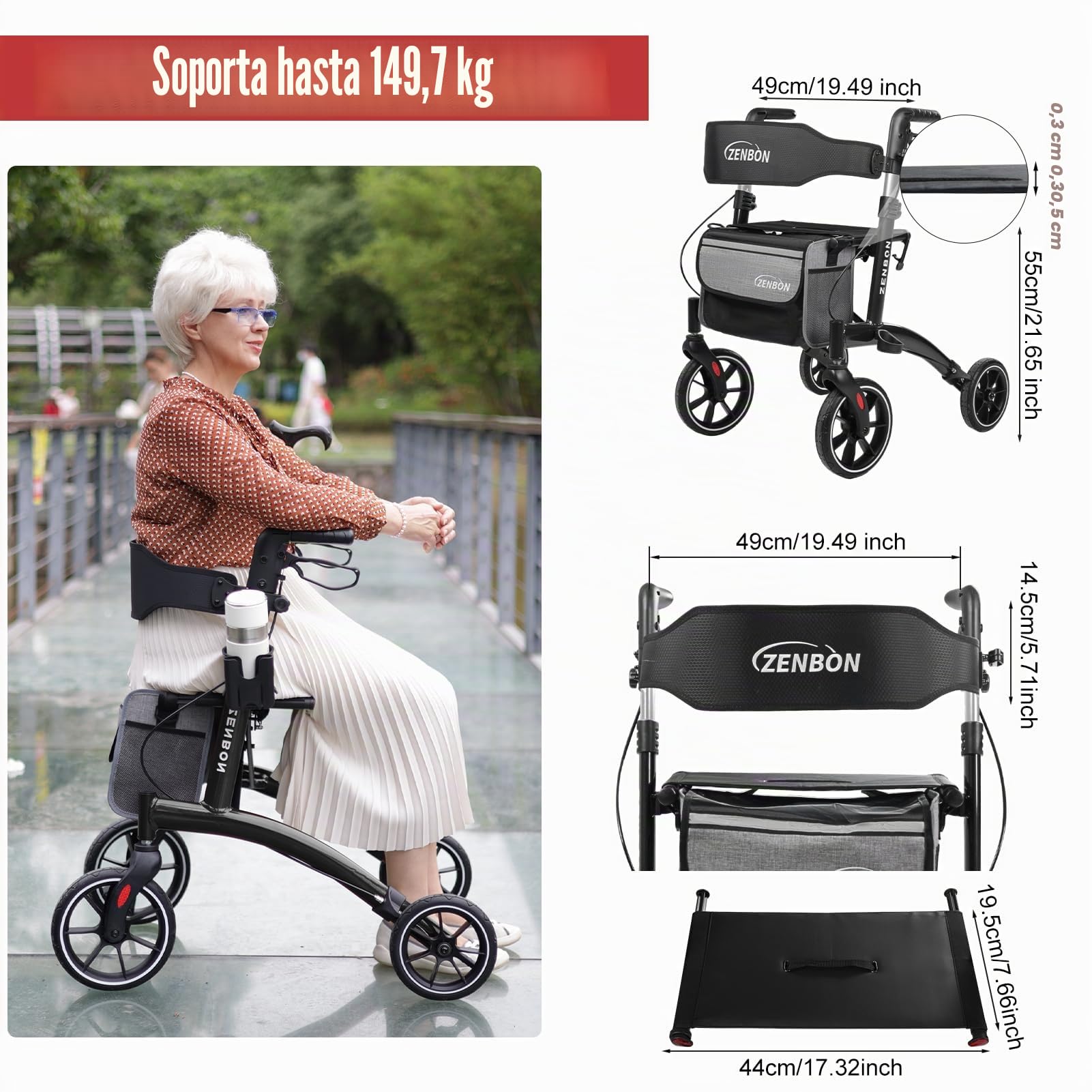 Andadores para Ancianos Aluminio: Andador plegable y ligero con Asiento - Andador de Interior Andadores ligeros y Plegables Especiales con Respaldo y Porta Bastón (Negro)