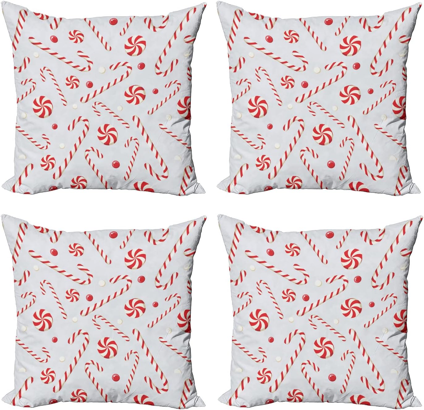 Ambesonne Candy Cane Throw Pillow Cover Set of 4, Sugary Treats of New Year Celebrations Pattern of Holiday Food, Square Cushion Covers Decor for Bed Couch Sofa, 16"x16", Red White Coconut