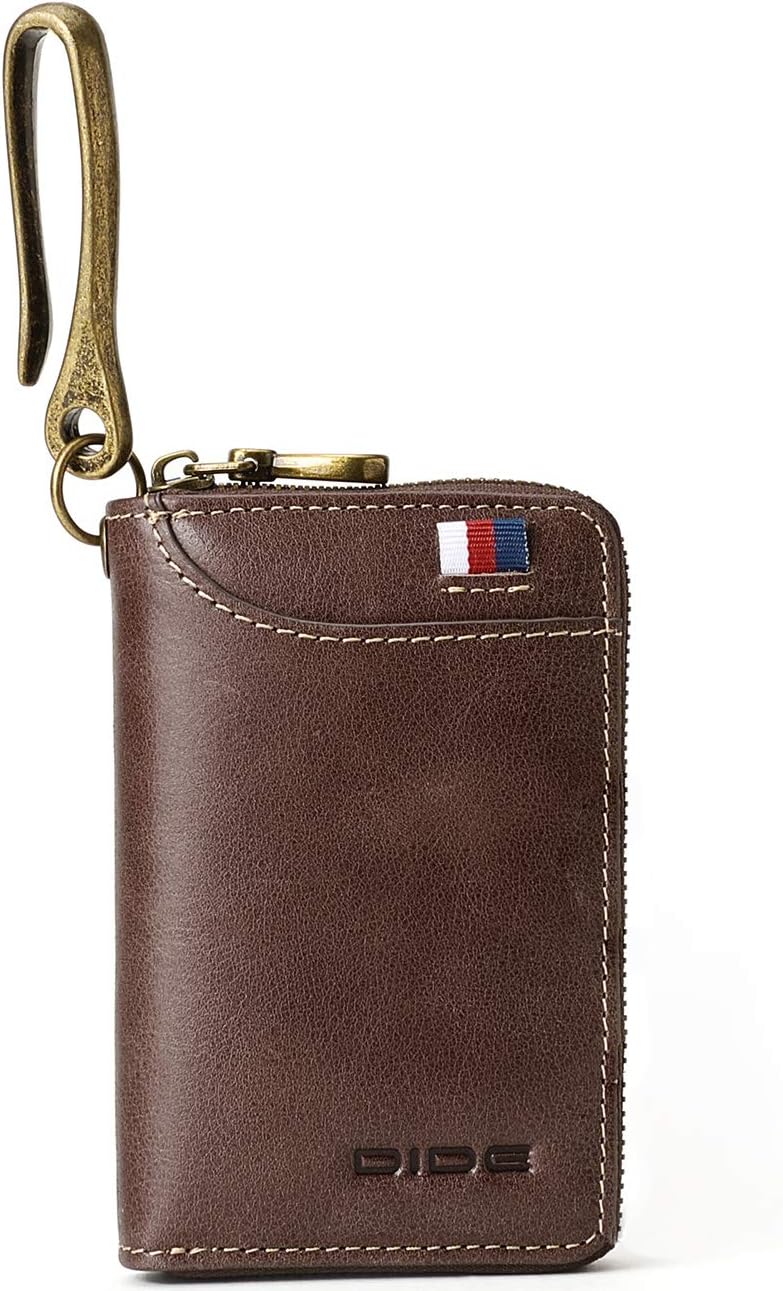 DIDE Compact Leather Key Holder Wallet Car Key Case with 6 Hooks & 1 Keychain/Ring Key Organizer (Dark Brown)