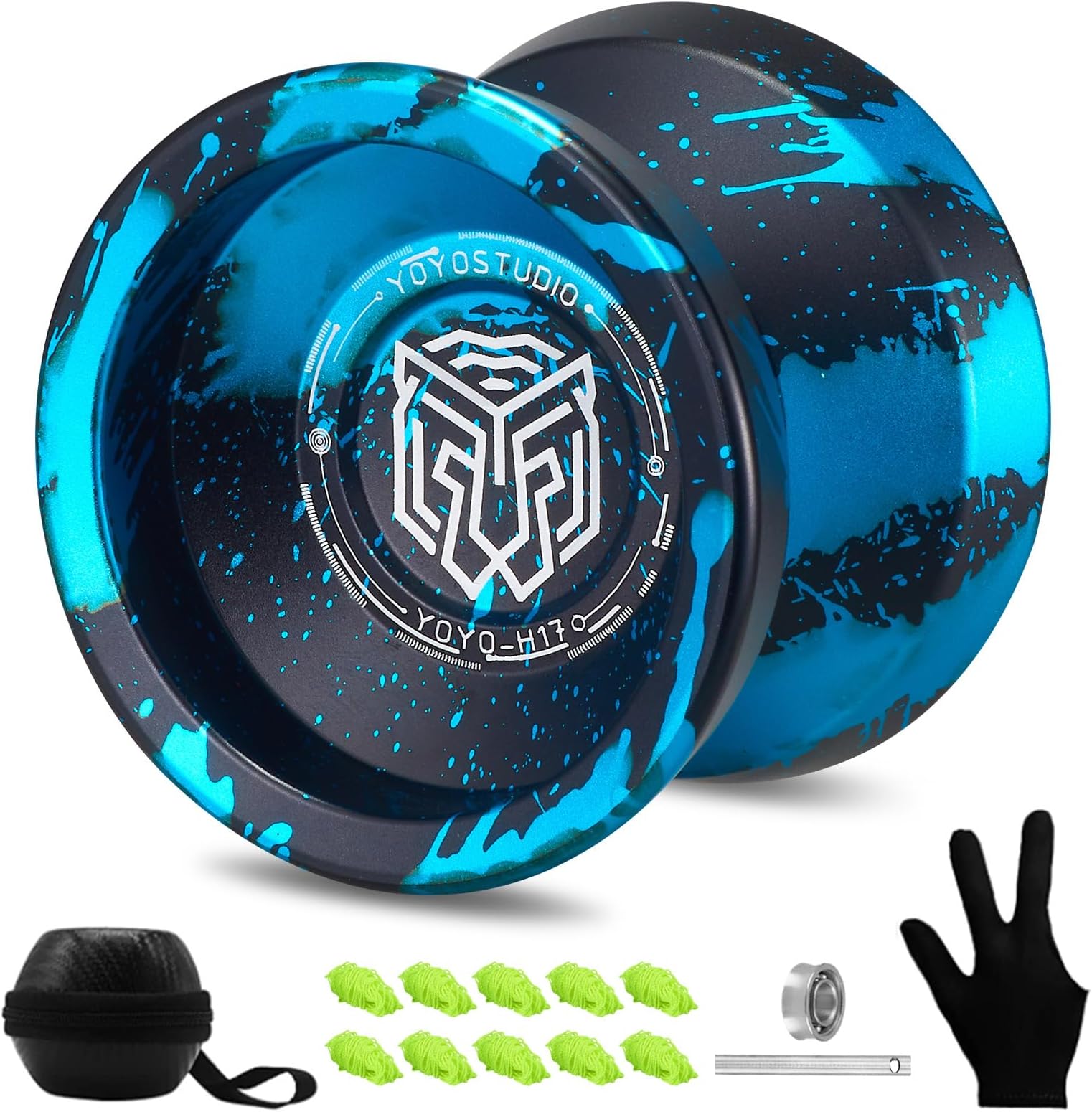 YOYOSTUDIO Yoyo Professional Responsive Yoyo H17, Dual Purpose Metal Yoyos for Kids Beginner, Unresponsive Yo yo Bearing for Adults with Removal Bearing Tool, 10 String, Case & Glove (Black and Blue)