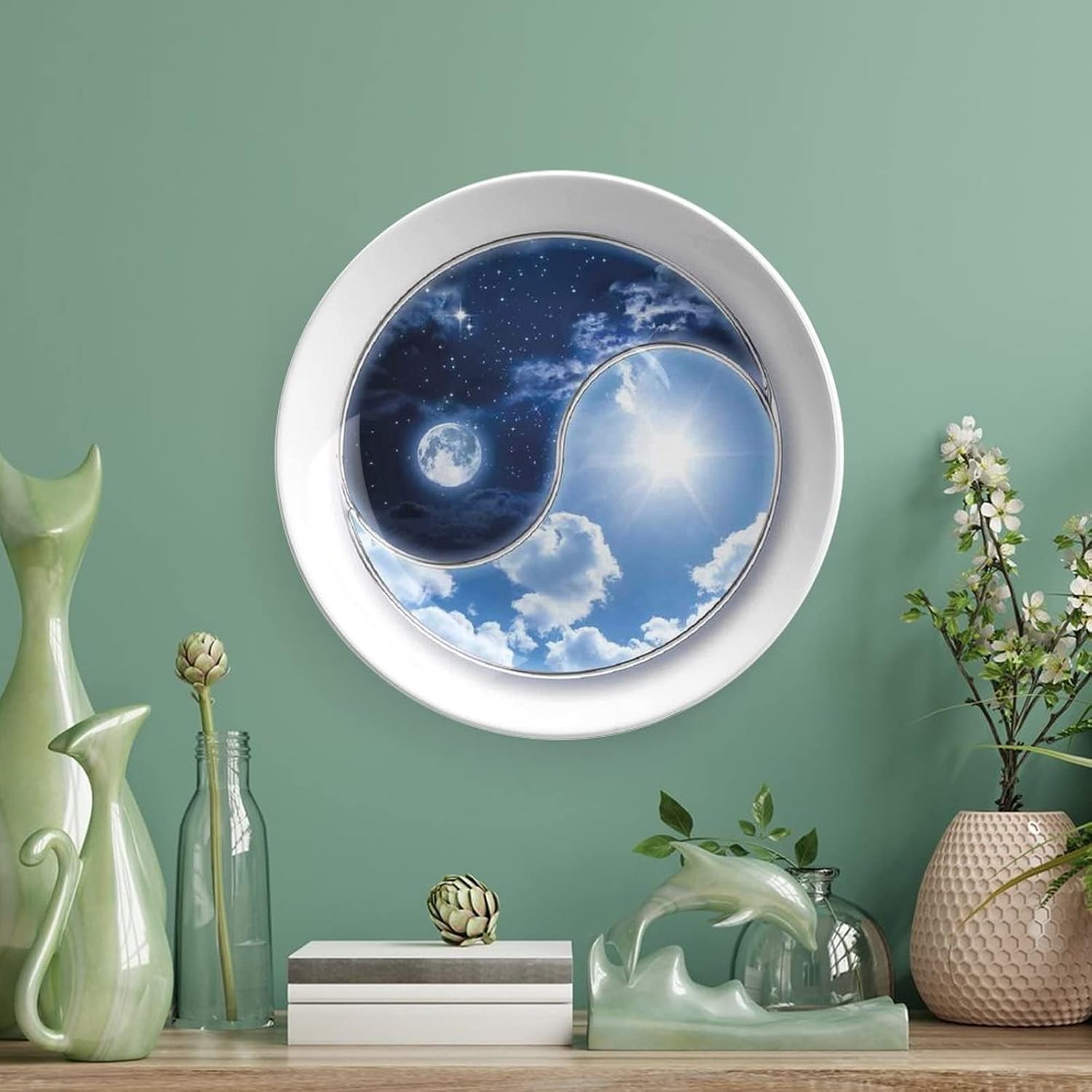 8 Inch Decorative Plate,Yin Yang World Round Porcelain,Moon and Sun Harmony of the Universe Art Print Ornament Display Plate for Dining Table Setting, Wedding Decorations, Christmas Tablescape
