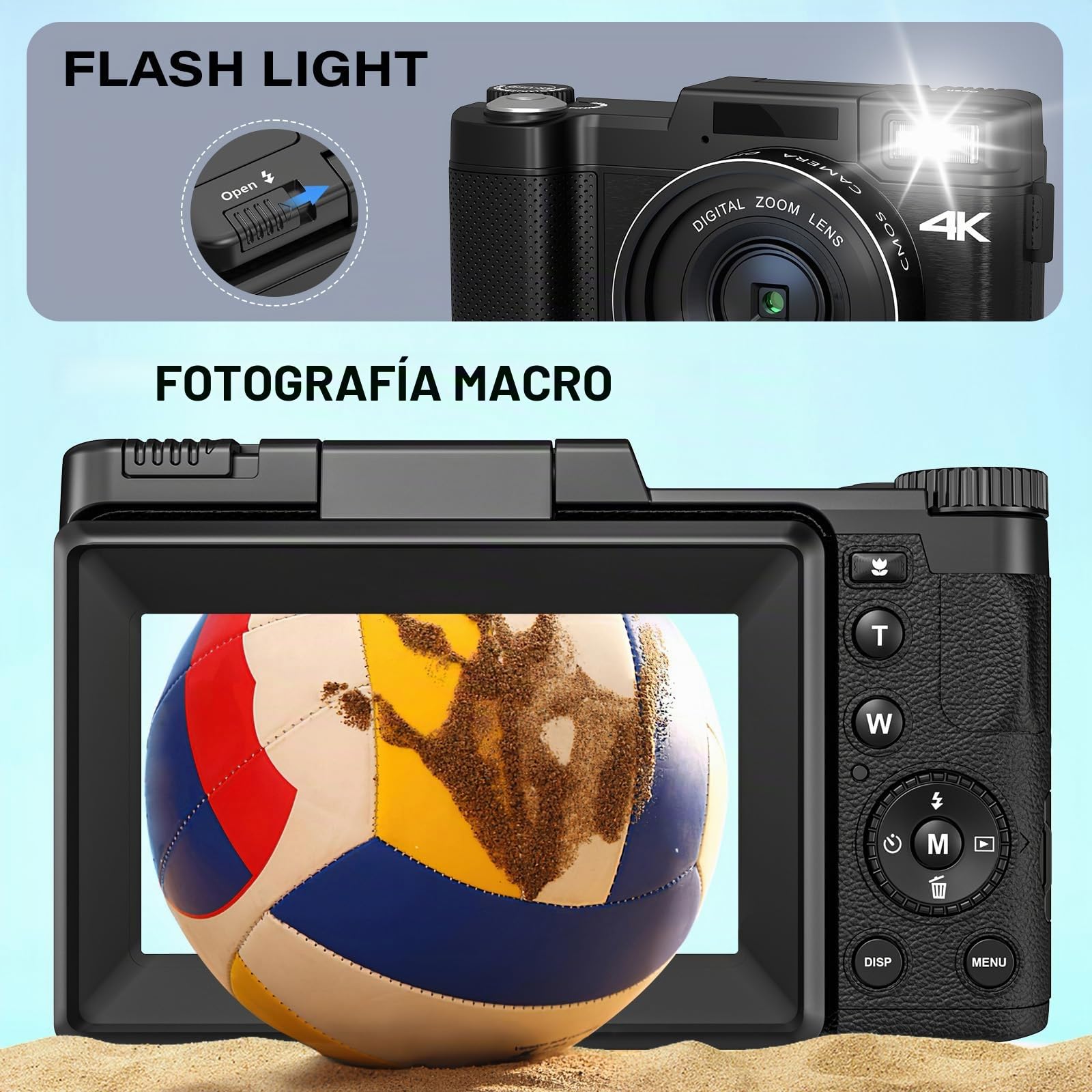 Cámara digital 4K para fotografía, enfoque automático, cámara de vlogging de 48 MP para YouTube con zoom digital de 16X, cámara macro de 3 pulgadas, pantalla abatible de 180°, cámara de video compacta