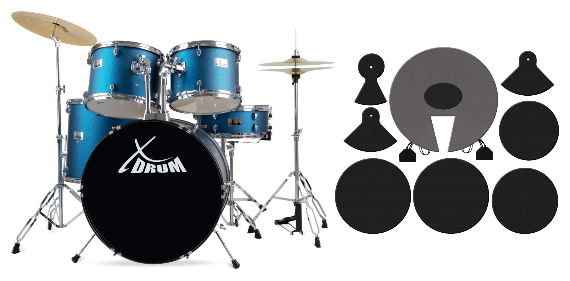 XDrum Semi 22" Standard Schlagzeug Satin Blue Sparkle - 22" BD, 12" TT, 13" TT, 16" FT, 14" SD - Set inkl. Dämpfer - Blau