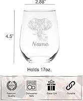 Vista 5 de C M Vaso de vino sin tallo personalizado con nombre de elefante – Regalo temático de elefante personalizado para mujeres y hombres – 17 onzas