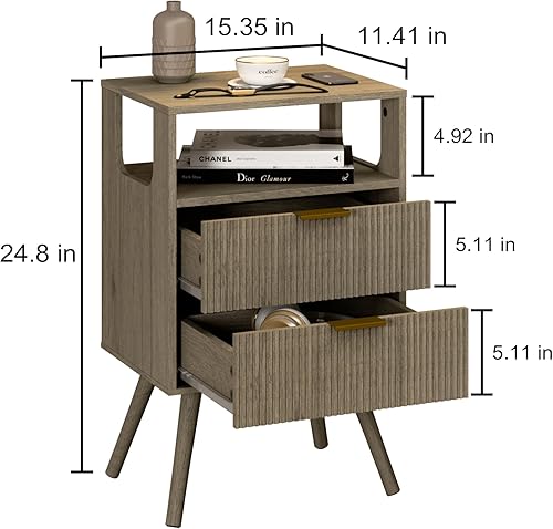 Miniatura 2 de Mesita de noche gris, moderna mesita de noche con 2 cajones de almacenamiento y estante de madera abierta, para dormitorio y espacios pequeños,