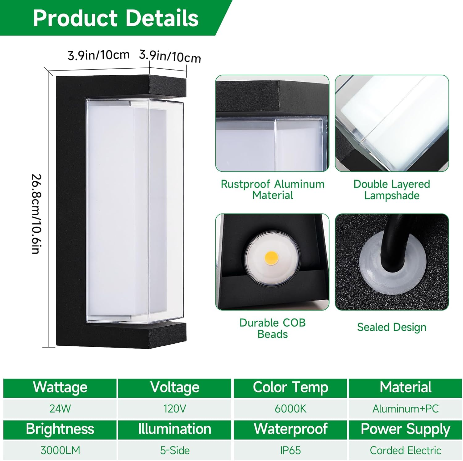 24W Outdoor Porch Lights Exterior Lighting Fixtures Wall Mount Rectangular Modern Patio Sconces 3000LM 6000K Aluminum Black IP65 for Garage House Front Door Entryway