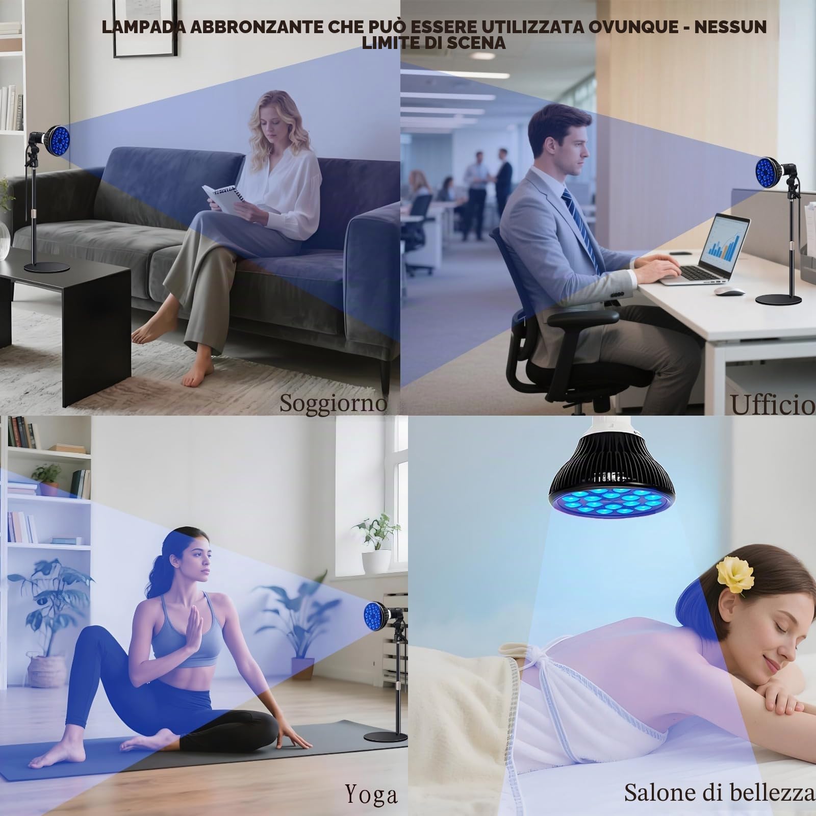 Lampada abbronzante per viso e corpo: 18 LED con terapia della luce blu da 54 W e lunghezza d'onda 460 nm, base e supporto regolabili in altezza, E27, occhiali autoabbronzanti per uso domestico