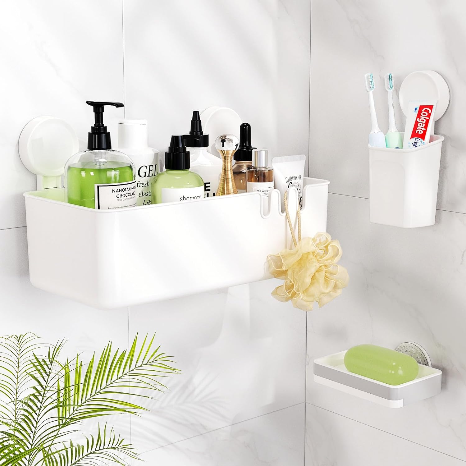 LUXEAR Suction Shower Caddy - 3 Pack NO-Drilling Organizer - 1S Installation Removable Powerful Waterproof Baskets for Bathroom