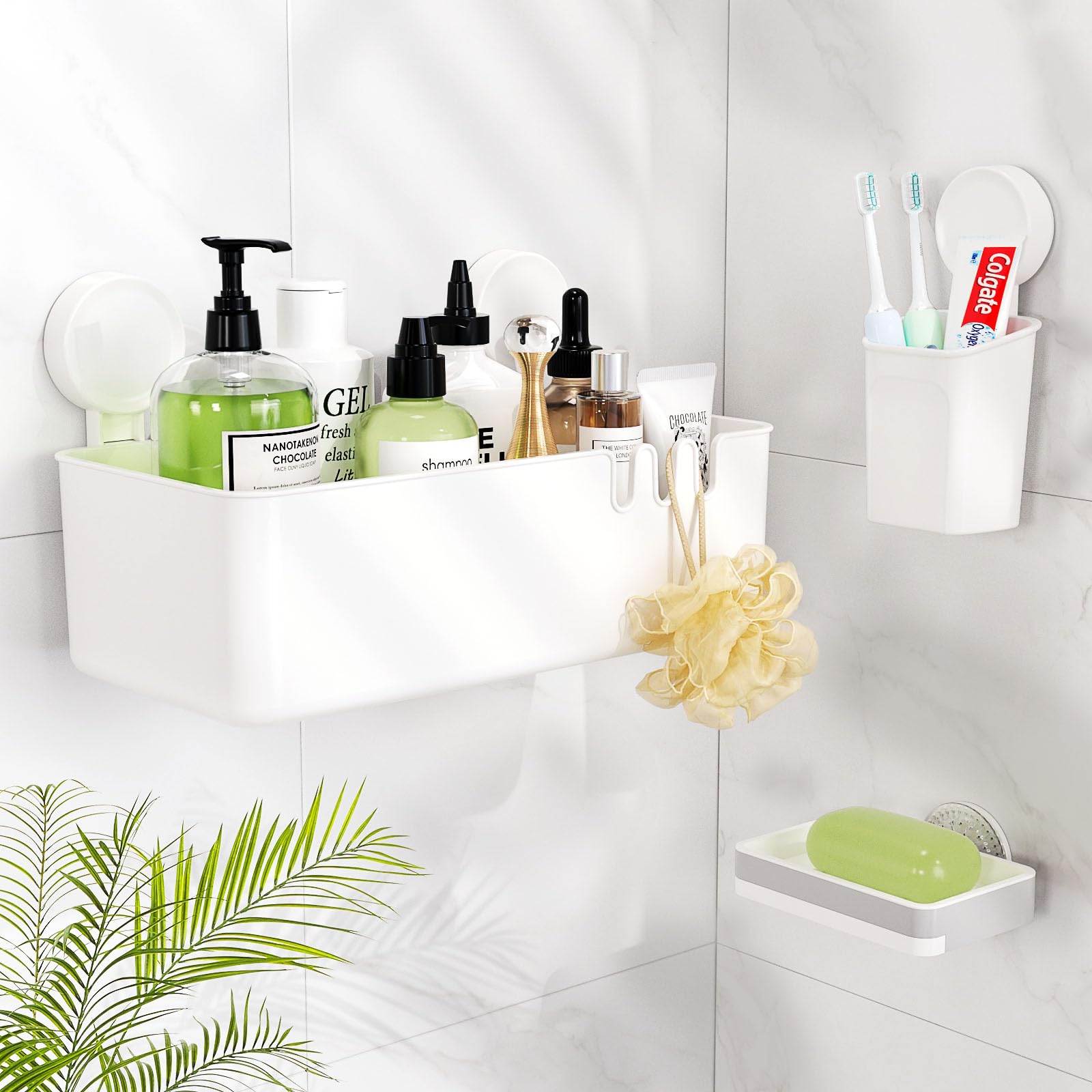 LUXEAR Suction Shower Caddy - 3 Pack NO-Drilling Organizer - 1S Installation Removable Powerful Waterproof Baskets for Bathroom