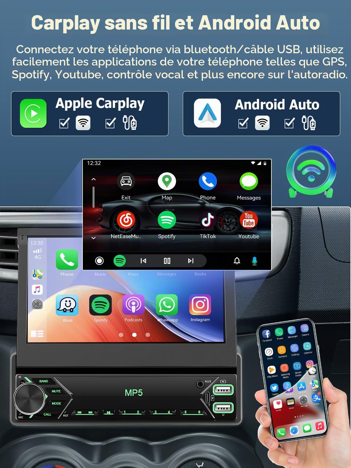 Dab+ Autoradio 1 DIN 7" Wireless CarPlay Android Auto BT