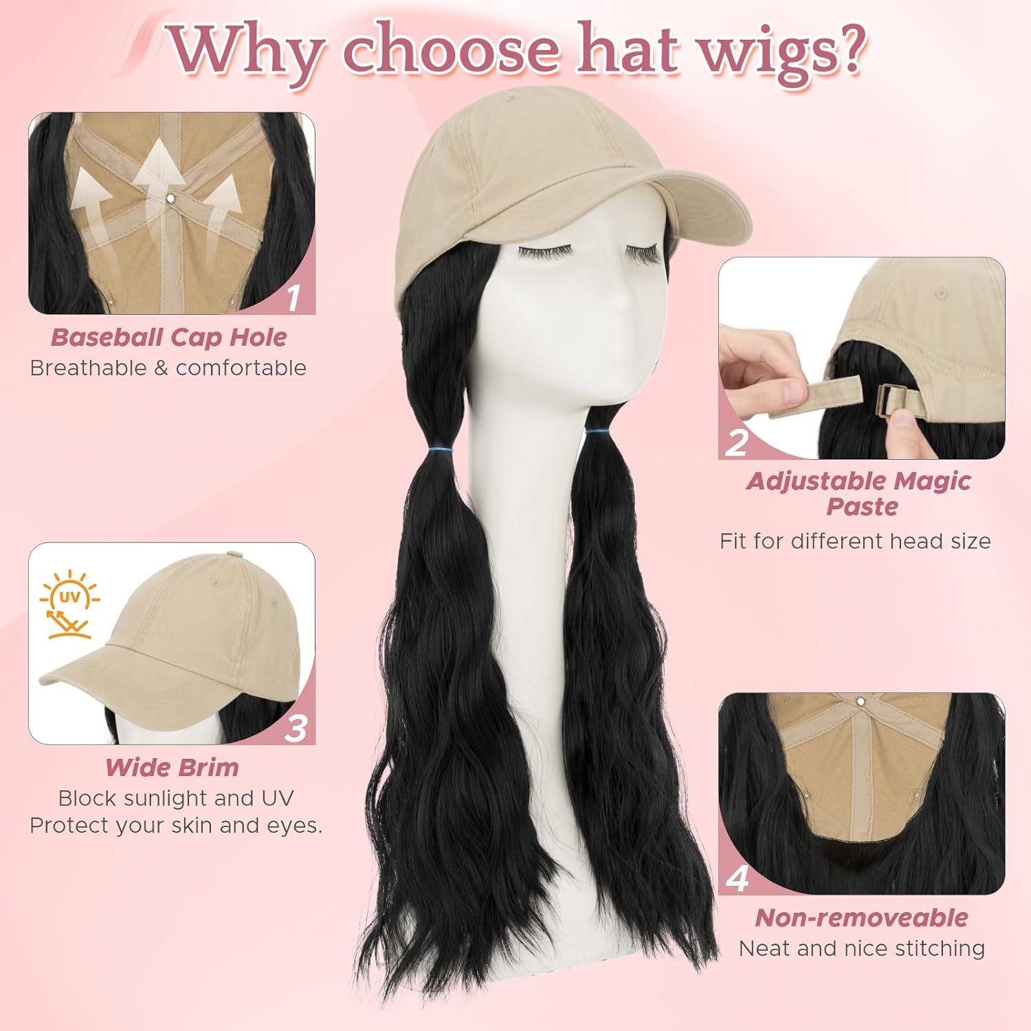 SEGO Hat Wigs, Hat with Hair Attached for Women Soft Denim Cap Wigs Long Wavy Curly Adjustable Baseball Cap With Hair Extensions -Beige 18"-#01 Jet Black