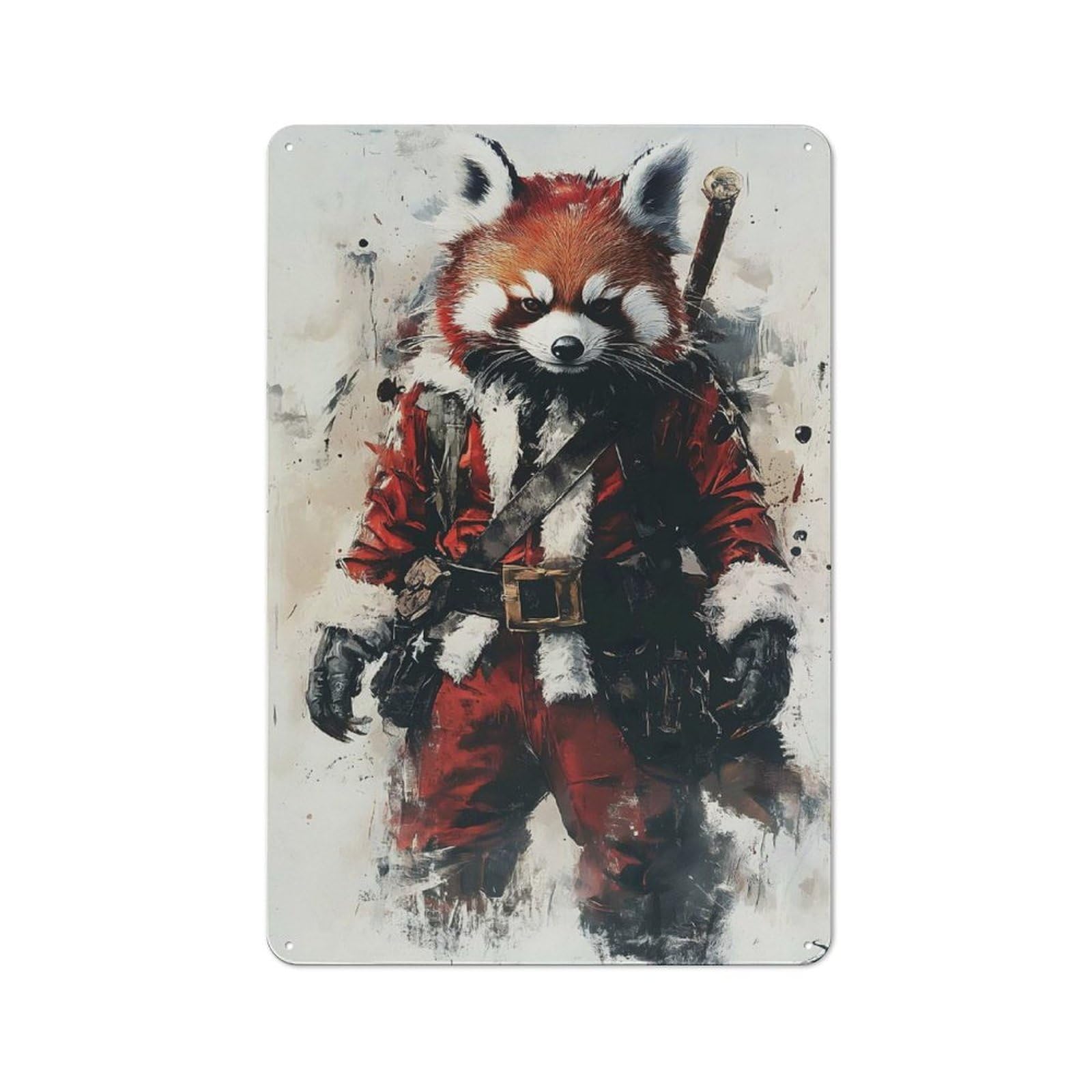 Junmoney Red Panda Santa Claus Rustic Metal Plaque 30X20cm For Lounge Or Reading Corner, For Home Office, Studio And Craft Room Walls