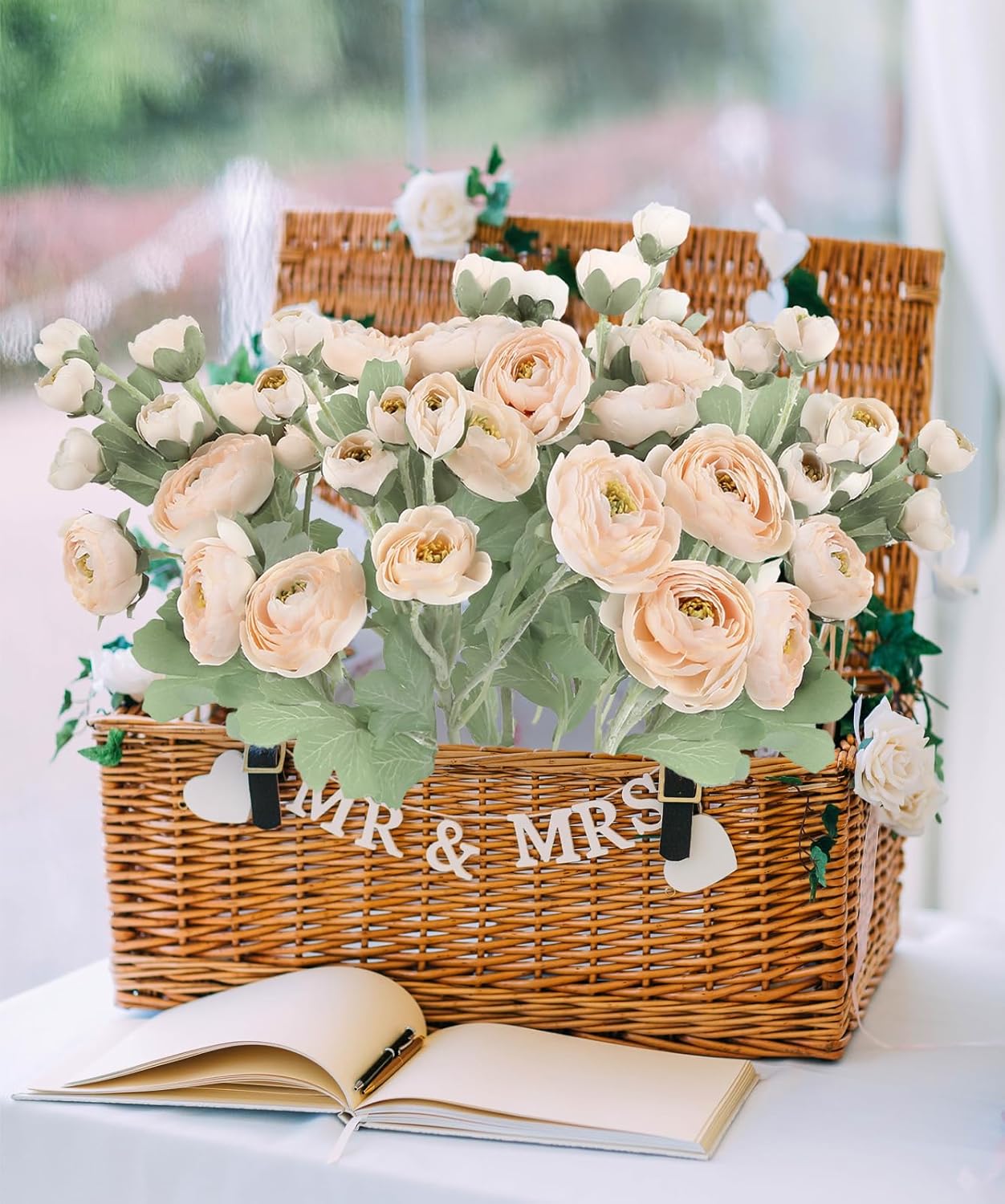 IPOPU 5pcs Fake Peonies Artificial Ranunculus Flowers 60Heads Champagne Silk Flowers 21.65" Artificial Flowers Bulk for Wedding Floral Arrangements Home Table Centerpieces Decor (Champagne)