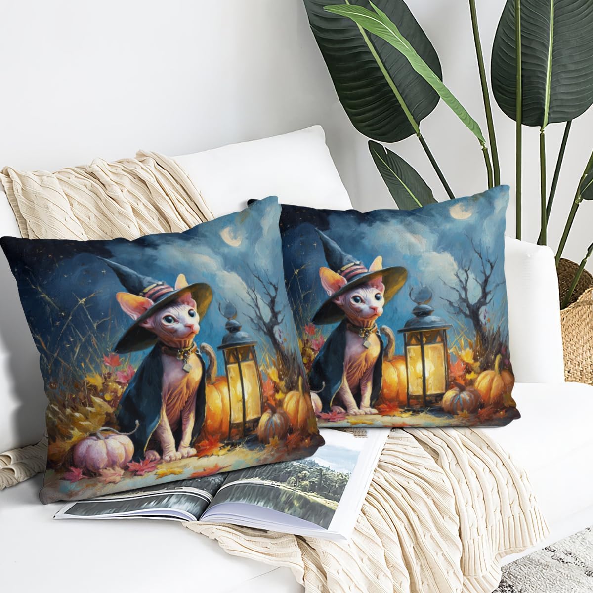 Halloween Sphynx-Cat Pillow Cover 28x28 Set of 2 Throw Pillowcases Outdoor Halloween Decorations Pillows for Cushion Case Couch Sofa Fall Autumn