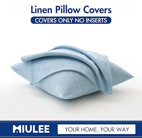 Miniatura 2 de MIULEE Paquete de 2 fundas decorativas de lino y arpillera para almohada, color azul claro, juego de 2 rellenos de almohada de 18 x 18 pulgadas