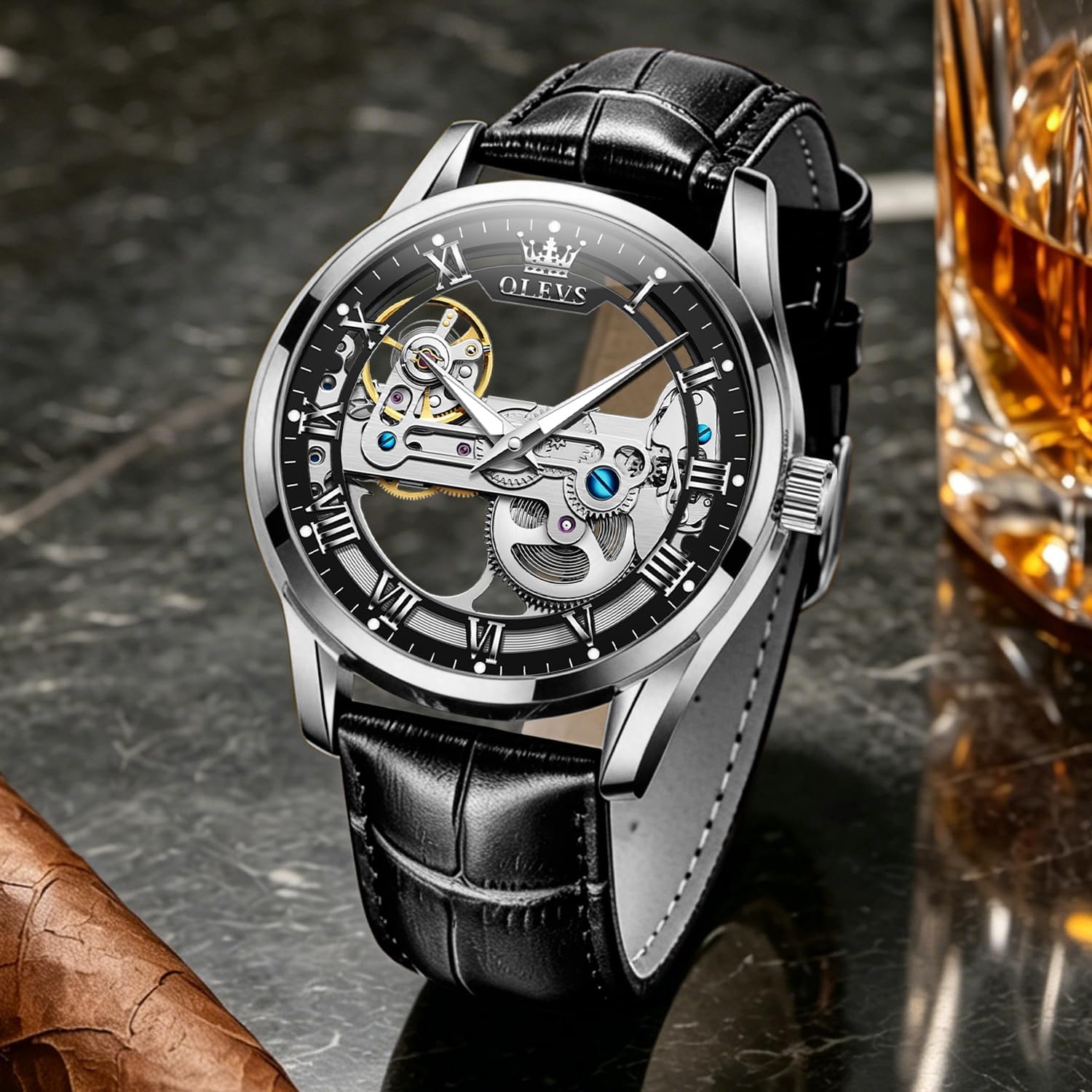 OLEVS Skeleton Watches for Men Automatic Self Winding Mechanical Luxury Dress Leather Waterproof Luminous Men Wrist Watch