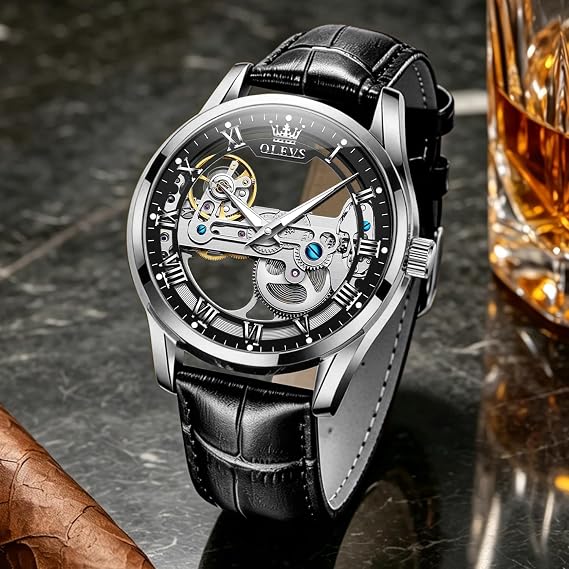 OLEVS Skeleton Watches for Men Automatic Self Winding Mechanical Leather