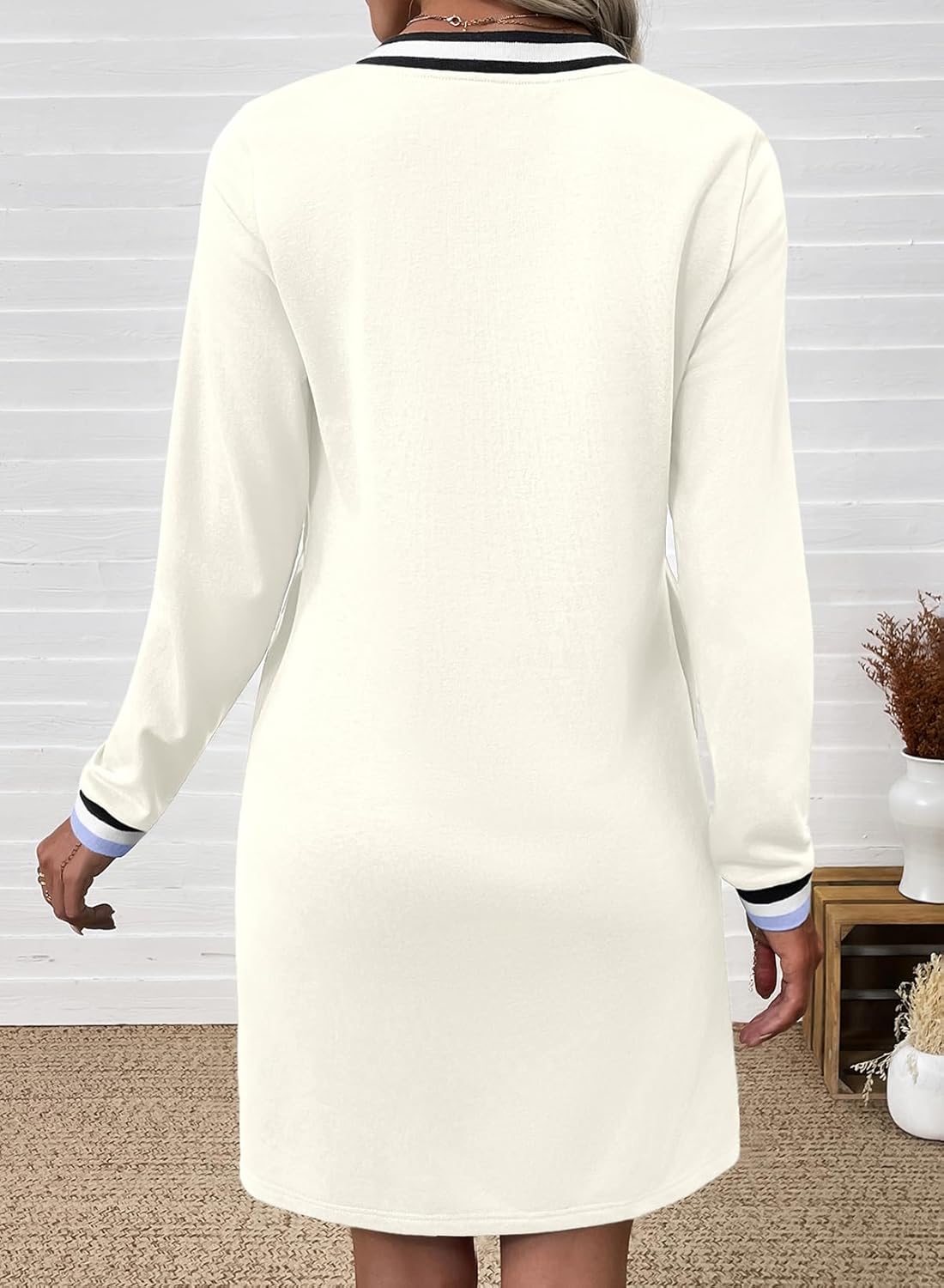 EVALESS Womens Dresses 2026 Spring Fall V Neck Long Sleeve Casual Tshirt Dress Contrast Striped Sweatshirt Dress - Image 4