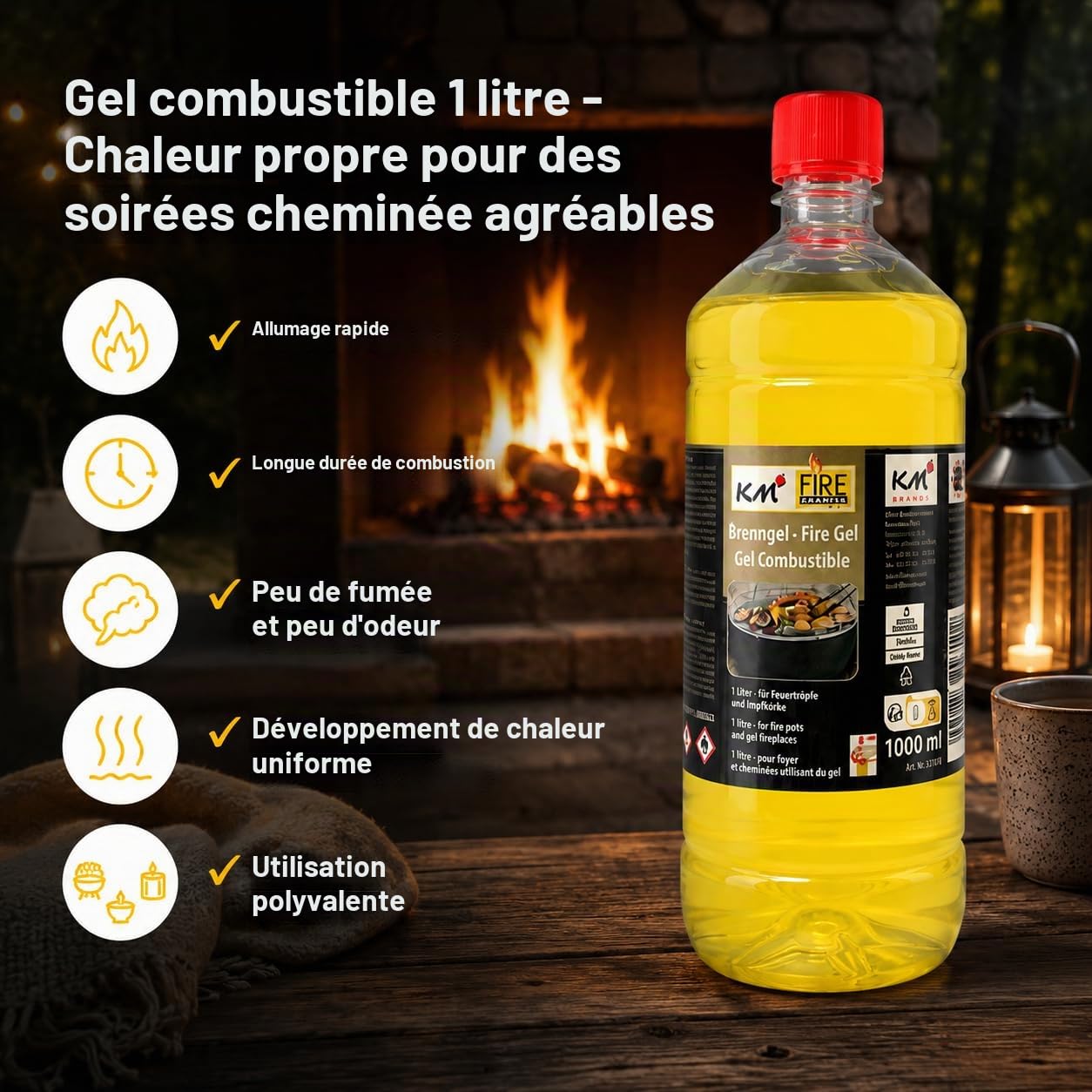 Lot de 12 bouteilles de 1 L de gel combustible inodore pour barbecue, cheminée, pots à feu et fondue – Allume-feu propre et sécurisé – Réf. 310