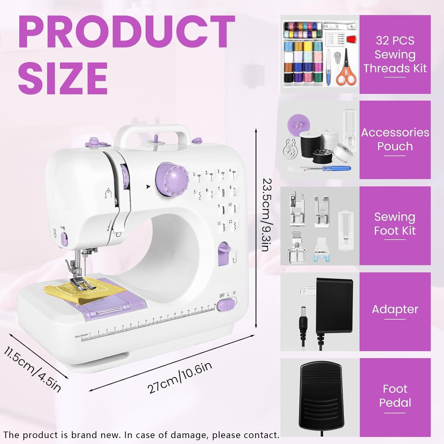 Mini Sewing Machine for Home Use, 12 Stitch Patterns, LED Light & Foot Pedal, 2-Speed Portable Electric Sewing Machine with 32 Spools Thread Kit for Beginners, Kids & Adults