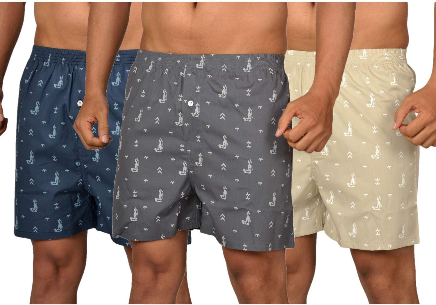 The Cotton Company Men's Cotton Boxers (Pack of 3) (Boxers004_Combo3_XL_Grey, Navy & Beige_X-Large)