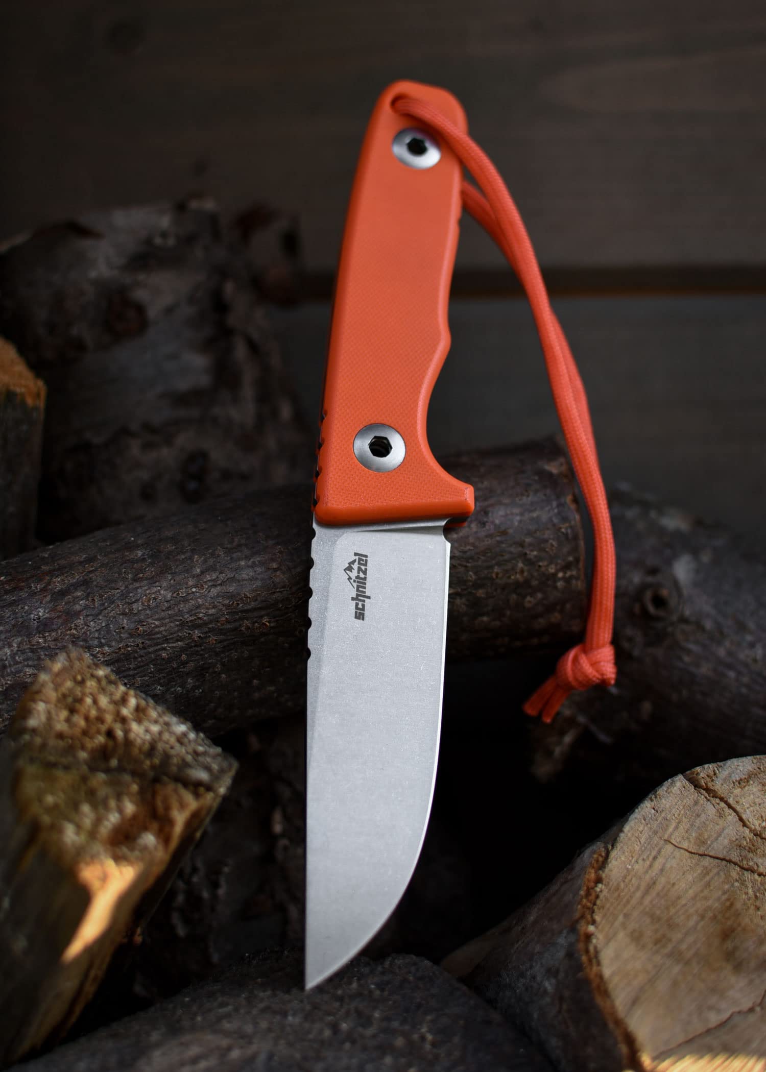 SCHNITZEL TRI - Outdoormesser mit Kydex-Scheide, Orange | Dangler-Tragesystem, Bushcraft, Camping, Wandern, Outdoor, Messer, Jagdmesser, Freizeitmesser, Erwachsene