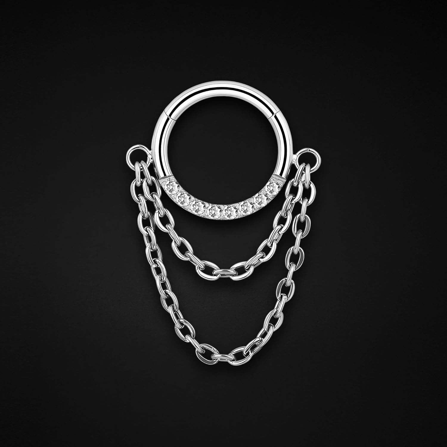Titanium Clicker Ring with Dual Chains and Zirconia, Piercing Tragus Jewelry Earlobe Huggie Nostril Cartilage Ring