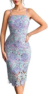 Women's Purple Crochet Floral Embroidered Sleeveless Backless Bodycon Summer Wedding Guest Cocktail Party Prom Midi Dress