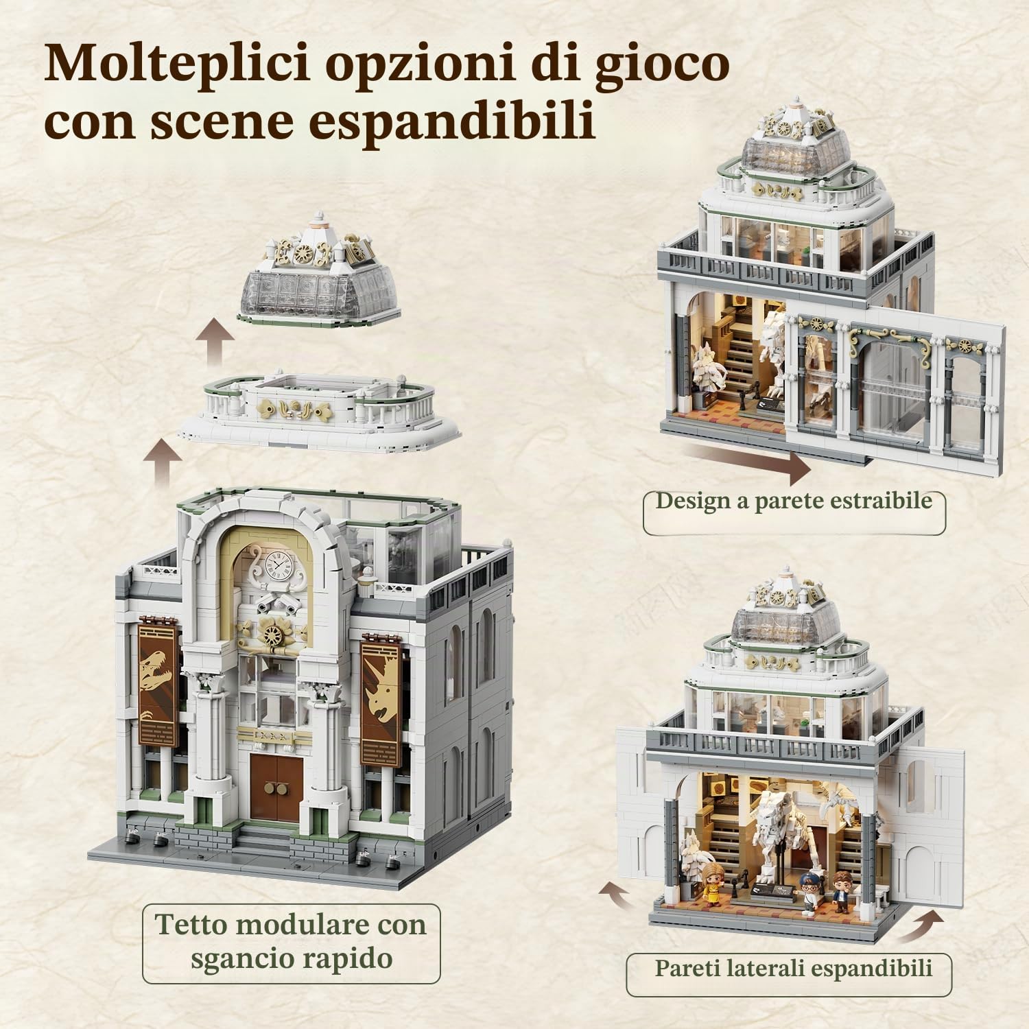 PANTASY Dinosauro Museo Building Set per Adulti, Architettura Illuminata | Museo modulare barocco con 11 luci LED, doppia sala espandibile ed esposizione da collezione compatibile con la strada