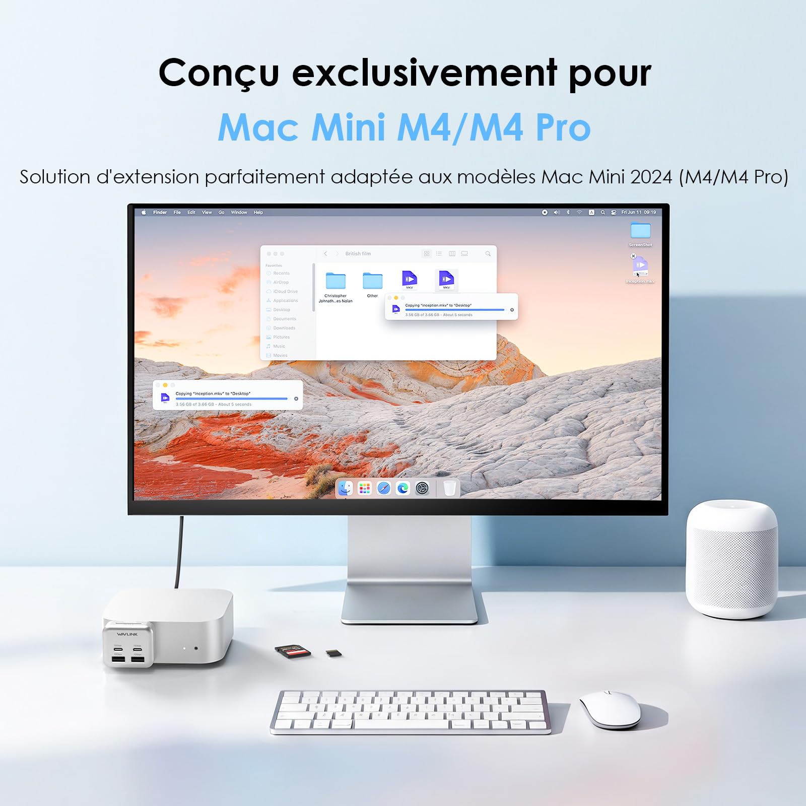 WAVLINK Hub pour Mac Mini M4, Hub 6 Ports pour Mac Mini | 2 x USB-C 10 Gb/s, 2 x USB-A 10 Gb/s, lecteur de cartes SD 3.0, pour Mac mini M4 et M4 Pro