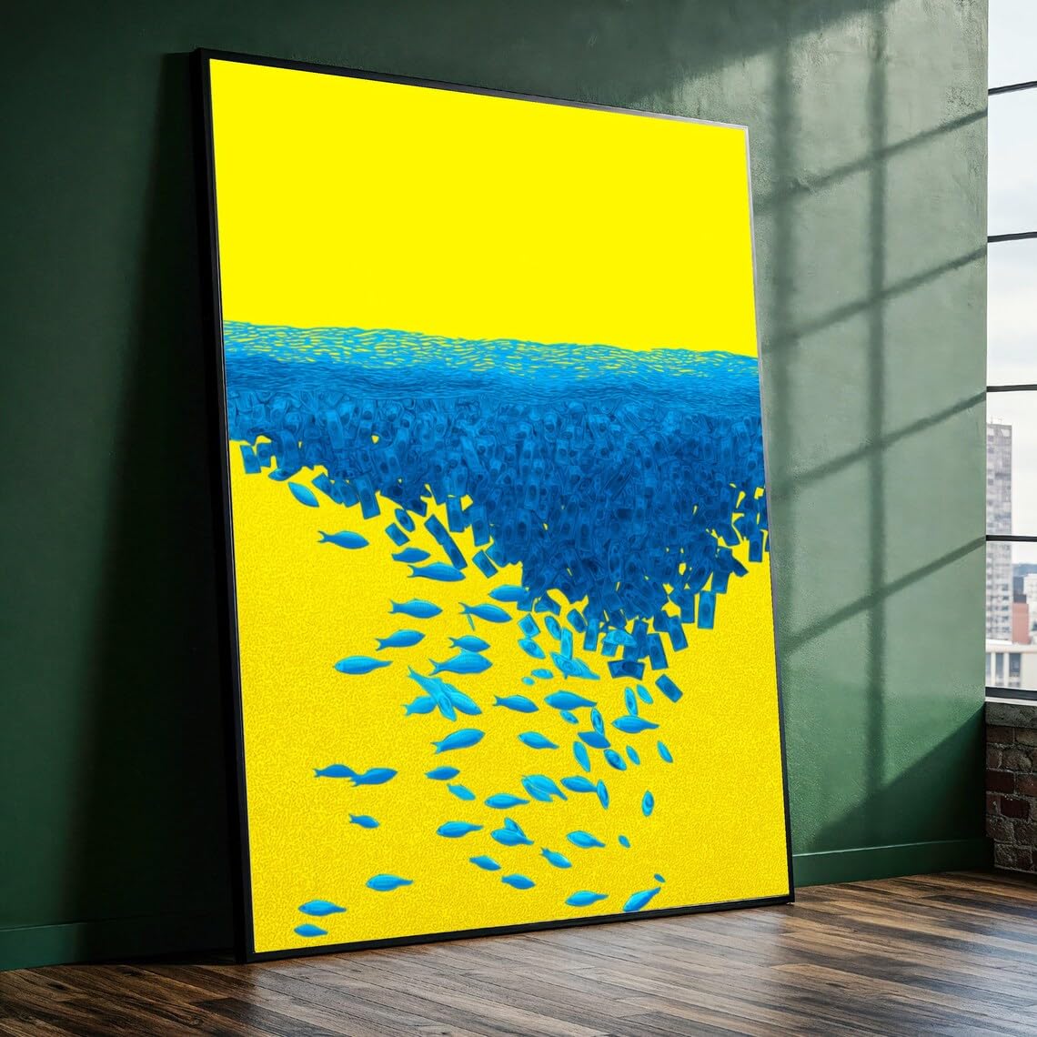 XINBAO Abstrakcyjne płótno z niebieską rybką i srebrem na żółtym, surrealistyczna scena morska, dekoracja ścienna (70 x 100 cm z ramą wewnętrzną)