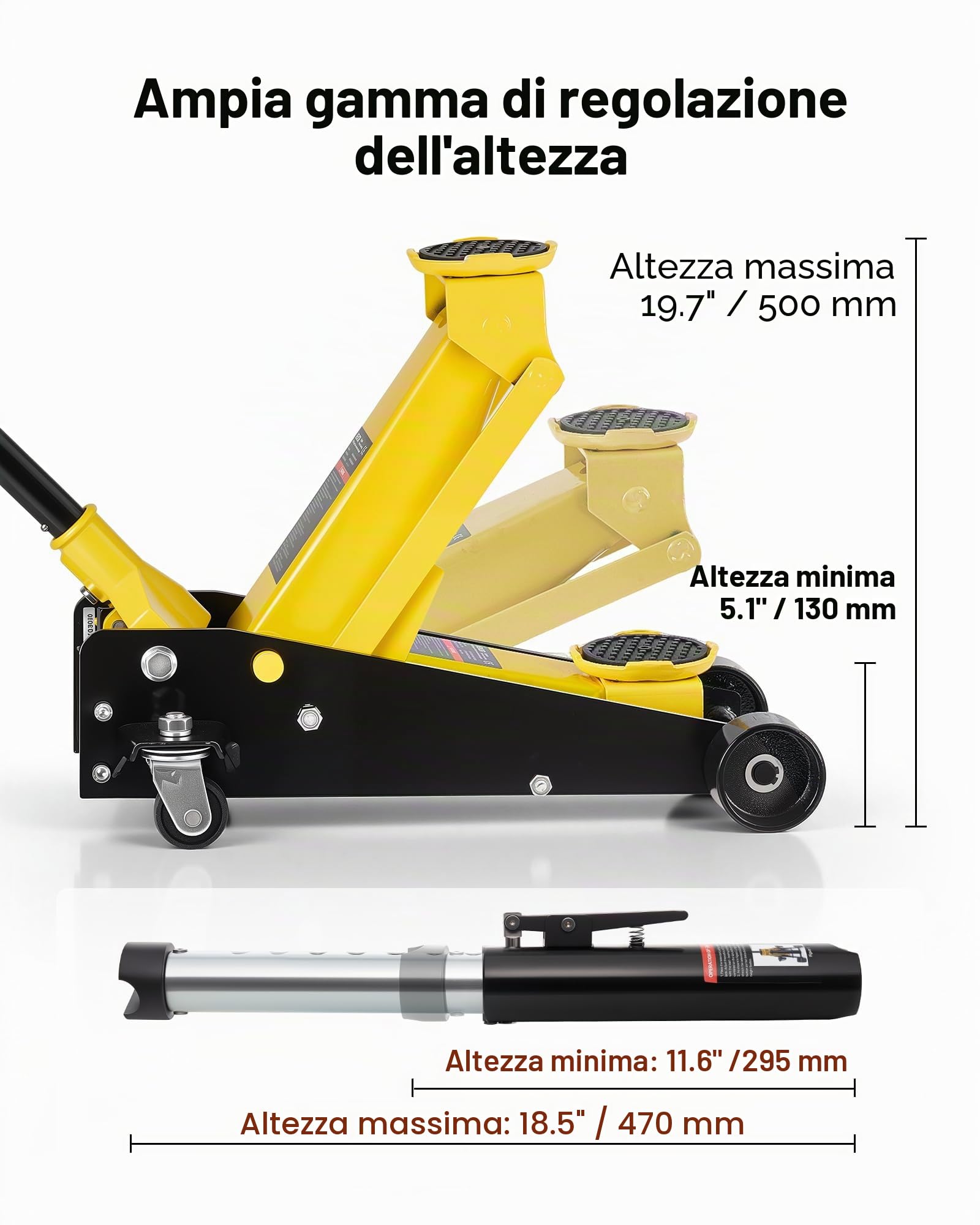 VEVOR Cric Idraulico a Carrello 3 Tonnellate a Basso Profilo, Cric Idraulico da Pavimento da Corsa in Acciaio a Pistone Singolo, Altezza di Sollevamento 130-500 mm, Multiuso per Auto Sportivo e SUV