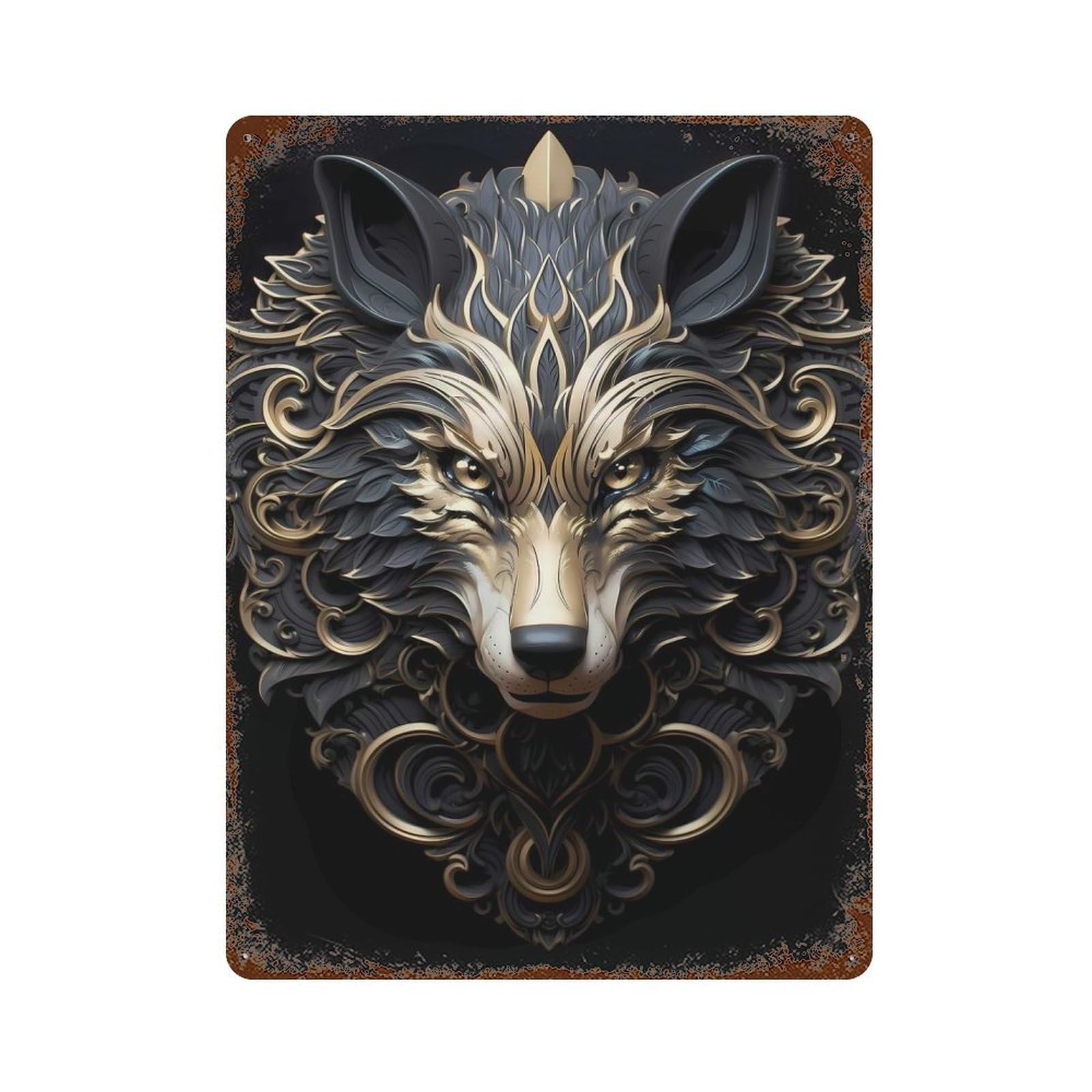 Rust Effect Wolf in Gold And Black Rustic Tin Plaque 15.7"x11.8", Industrial Home Decor for Bistro, Counter And Cafe Decor