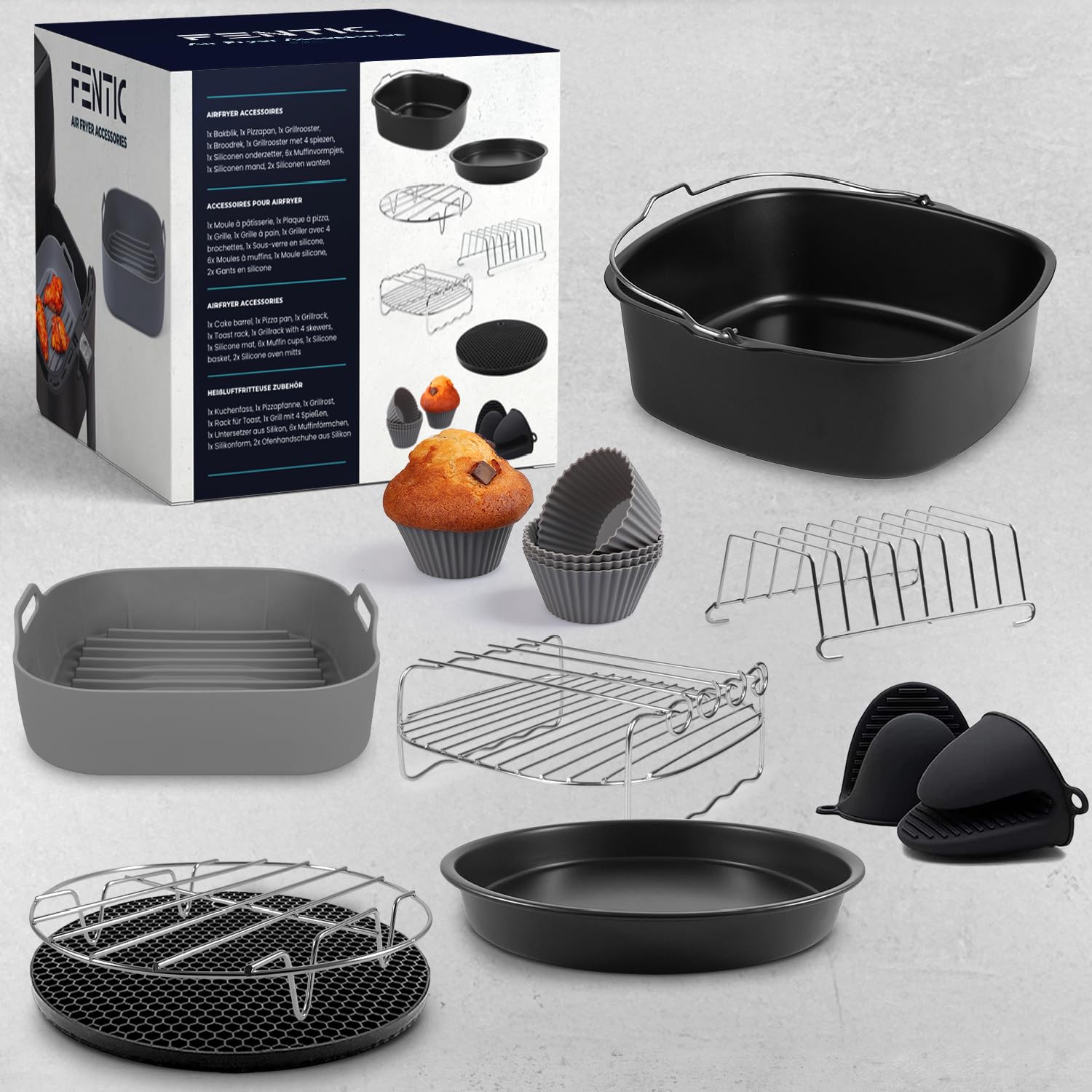 Accesorios Freidora de Aire – 19 piezas – Apto para freidora de aire XL y XXL, Philips, Cosori 5.5L, Ninja, Cecotec, Princess – Incluye molde de silicona y libro de recetas electrónico