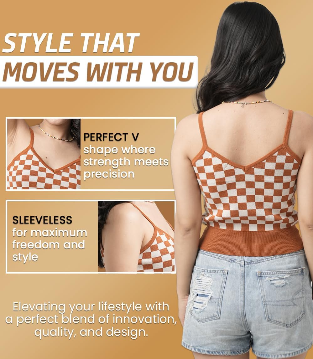 Womens Sleeveless tank top in Caramel Cafe/white combo Small Size | Spring Tops For Women in Checkerboard Pattern | Double Front & Back V-Neck Tank Tops For Casual wear, travel, Brunch & more - Image 3