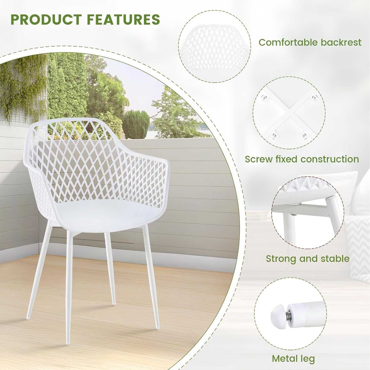 buybyroom Set di 6 sedie da giardino in plastica con braccioli, eleganti e facili da pulire, colore bianco