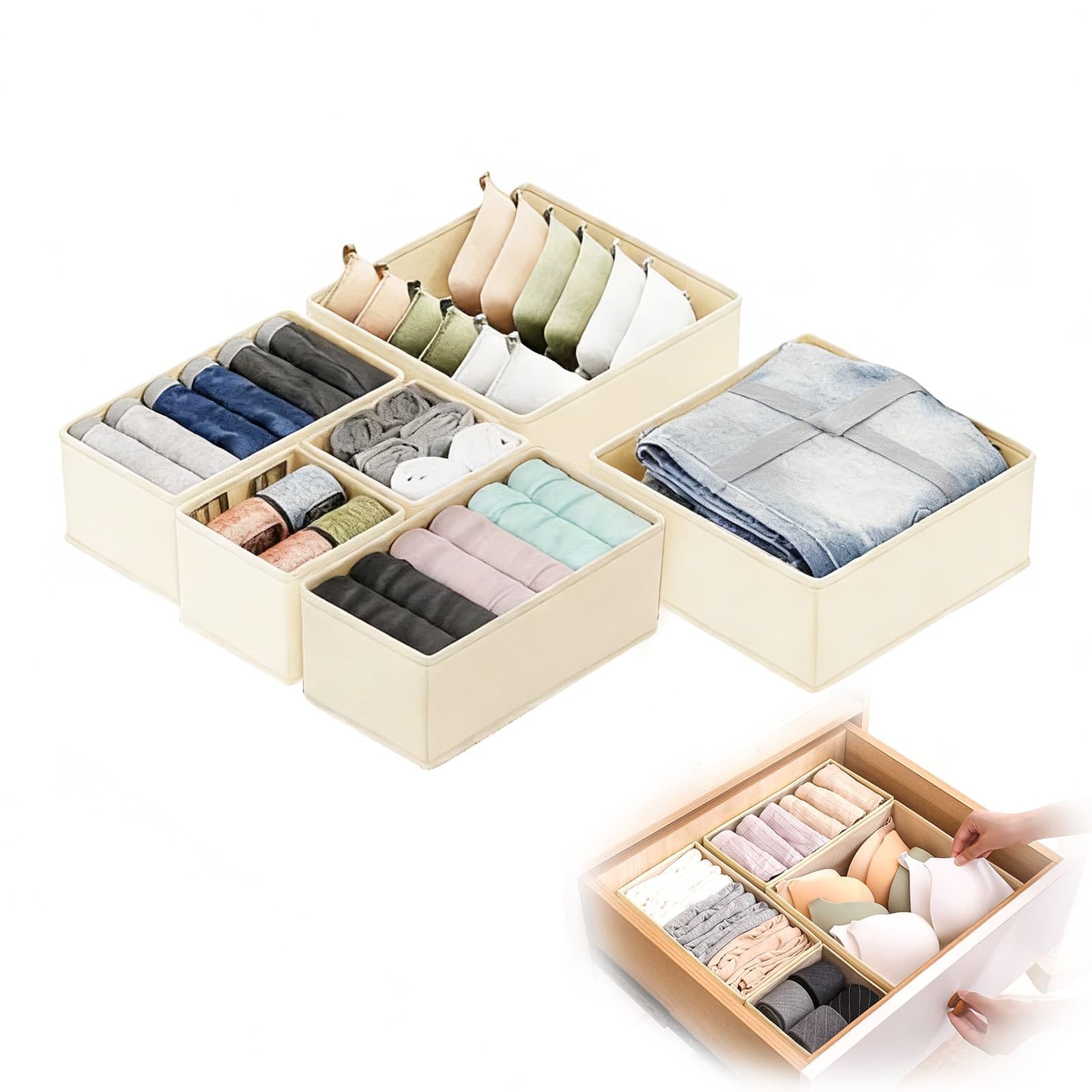Weeloo Beige Drawer Organisers Drawer Dividers, 6Pcs Wardrobe Storage Organiser, Clothes Storage Organizer Foldable Drawer Divider For Bedroom Underwear Socks Ties Shirts Clothes