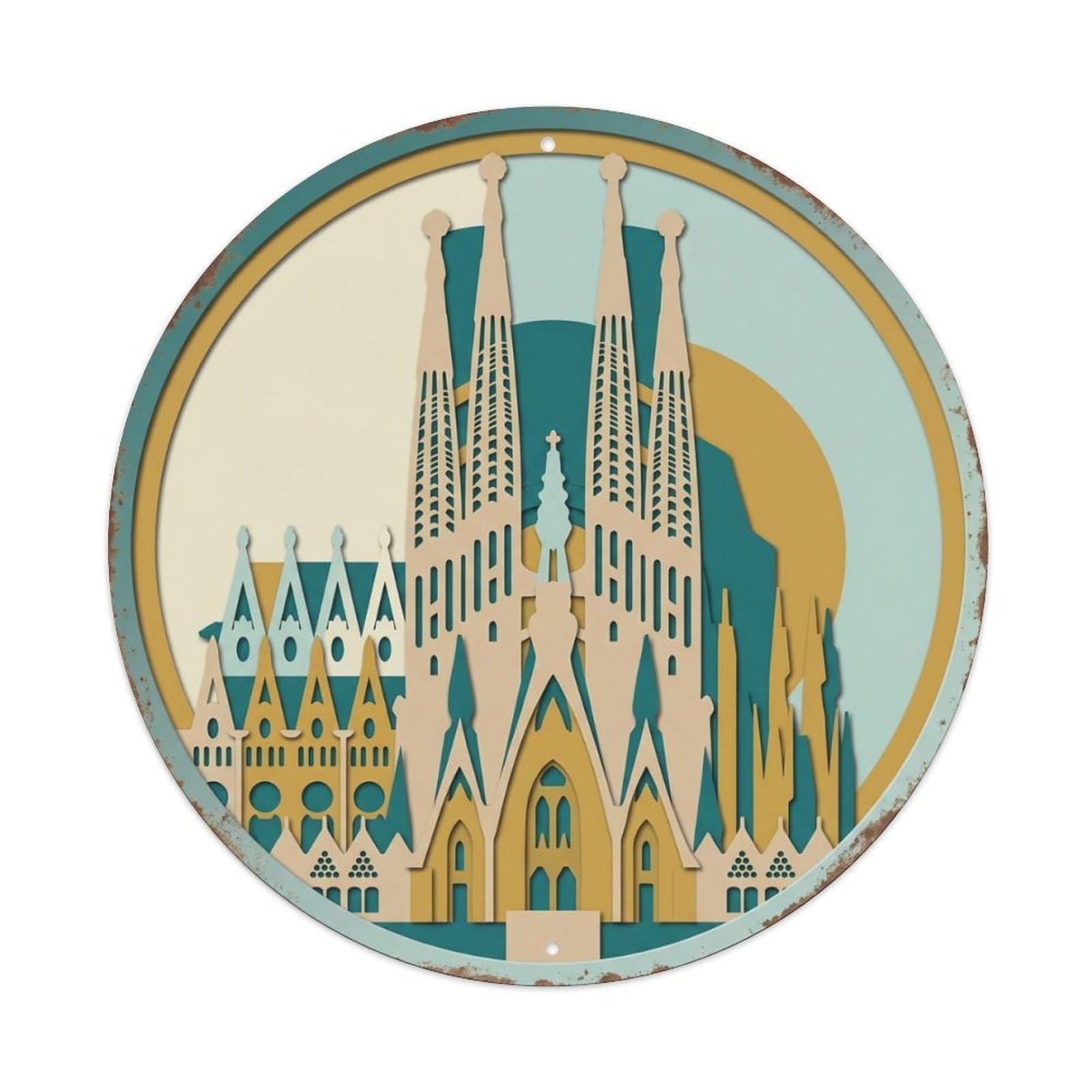 Barcelona Layered Cathedral Travel Metal Tin Sign Plaque Wall Decor for Cafe, Club Bar, Office, Home Garden Round Metal Poster 8x8Inch